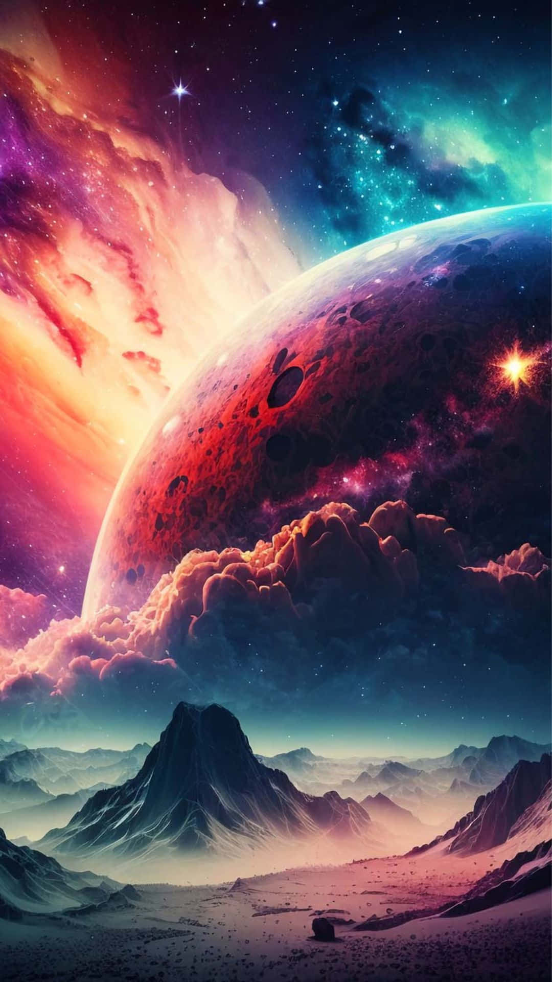 Trippy Sky 桌布 壁紙 — 超現實的外星景觀，崎嶇的山脈矗立在巨大行星之下，粉紅、青綠和橙色的鮮豔宇宙雲彩交織其中。