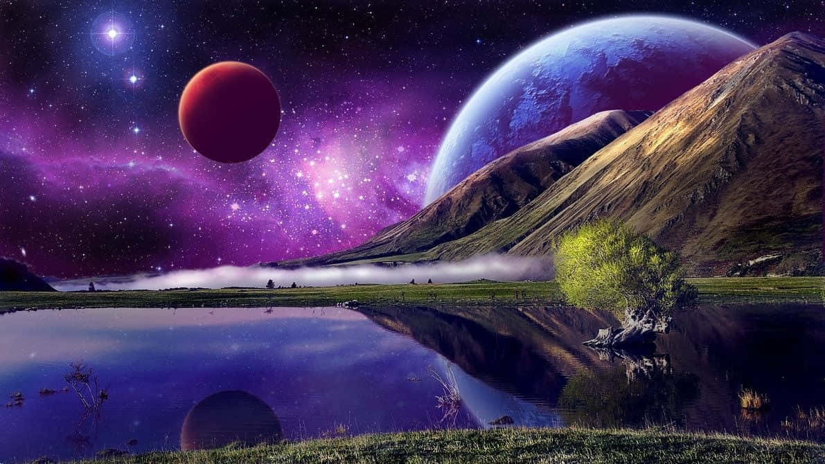 酷炫太空 桌布 壁紙 — 超現實的外星景觀，有紫色星雲、兩顆行星和星空下反射的湖泊。