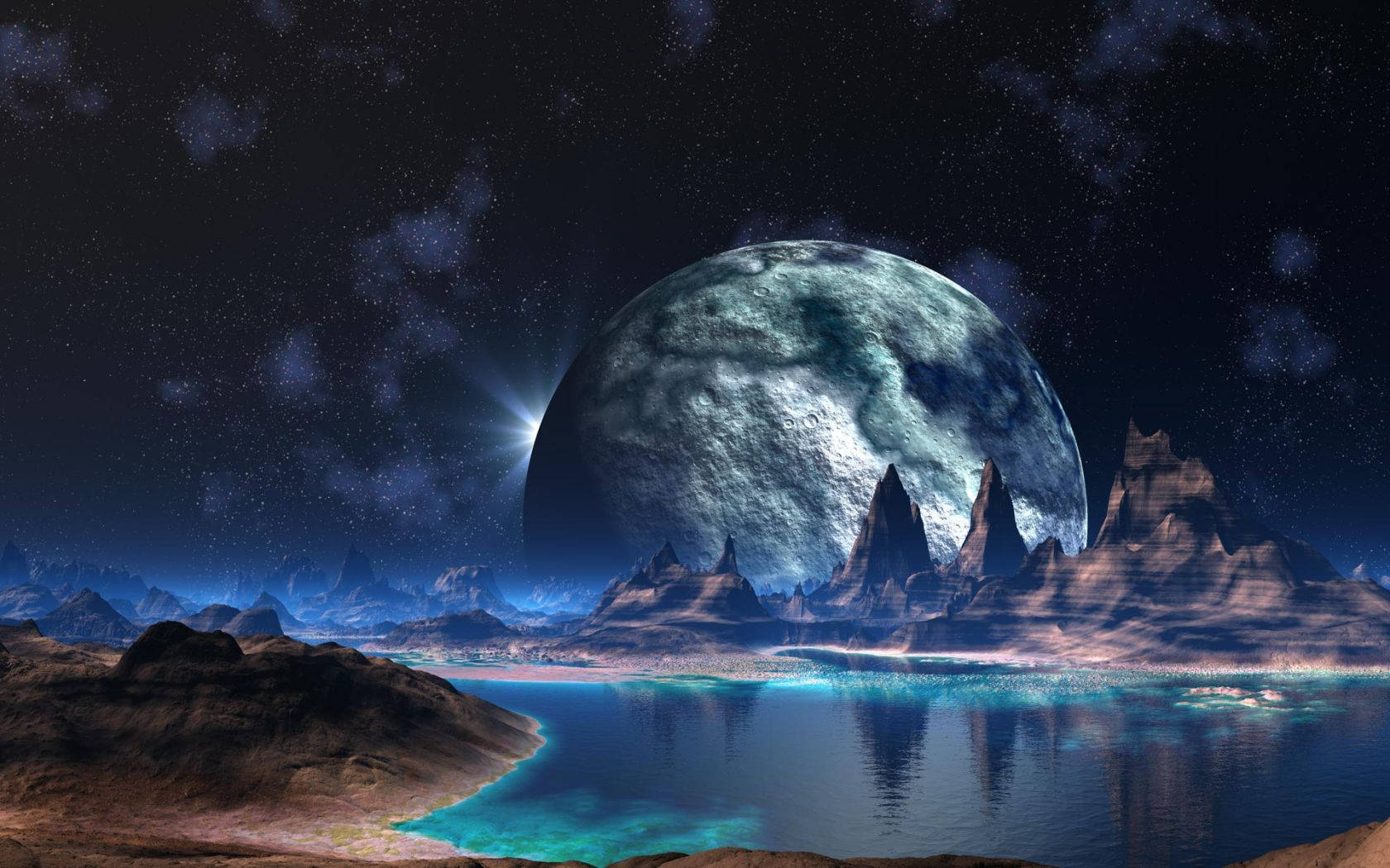 酷炫星系 桌布 壁紙 — 超現實的外星景觀，有鋸齒狀的山脈、發光的藍綠色海水，以及一輪巨大的月亮在繁星點點的夜空中升起。