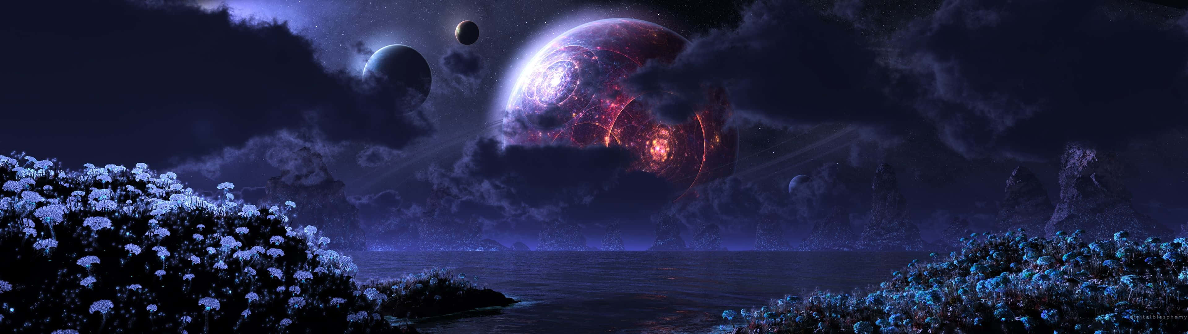 3840X1080 桌布 壁紙 — 超現實的外星景觀，發光的紫色花朵在宇宙天空下，有耀眼的紅色行星和遙遠的衛星。