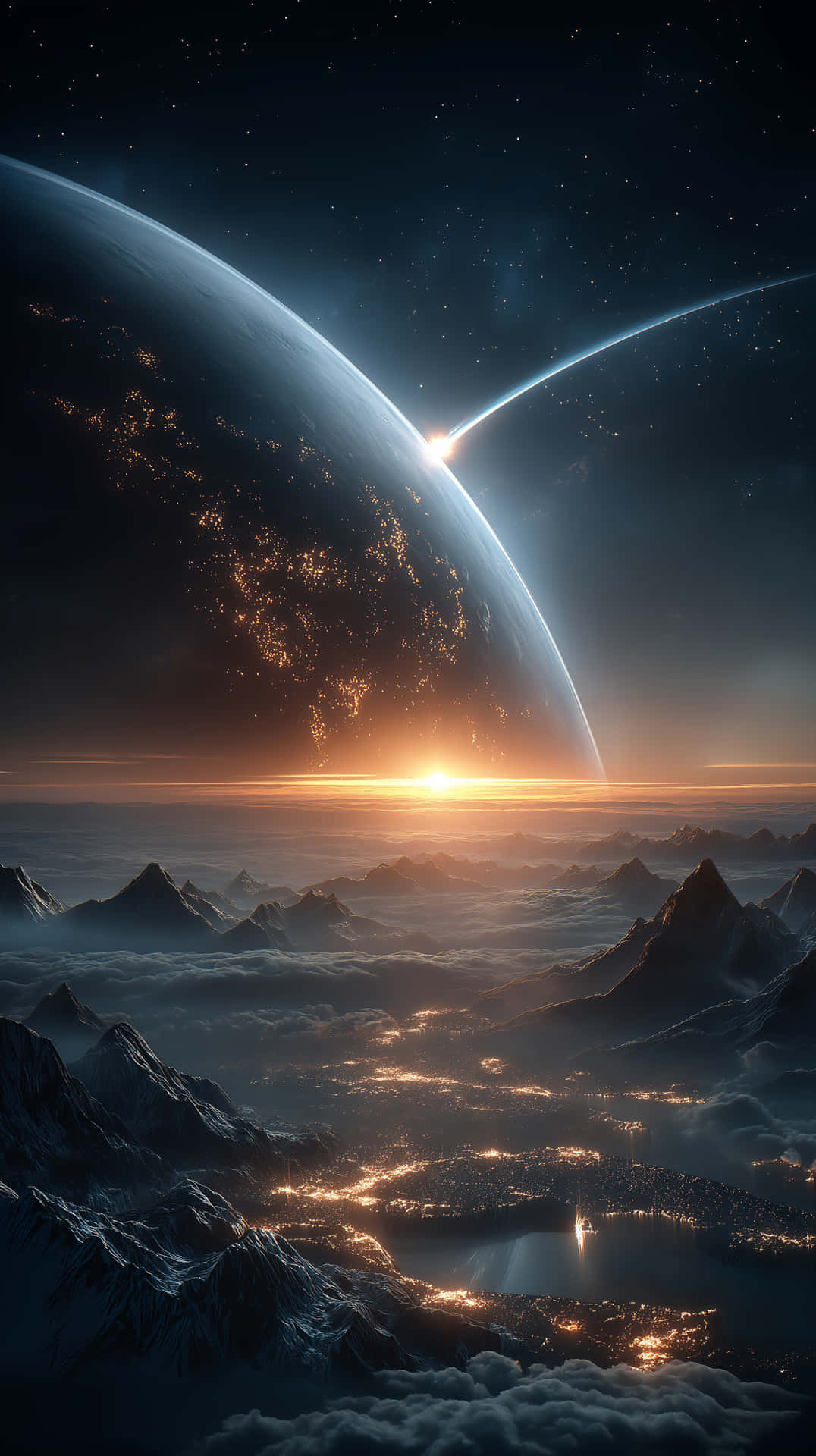 Cinematic Earth Entry with Glowing City Lights at Dawn 壁紙 — 超現實的外星景觀，鋸齒狀的山脈刺穿雲層，一顆發光的太陽在彎曲的行星後面升起，露出下方的城市燈光。