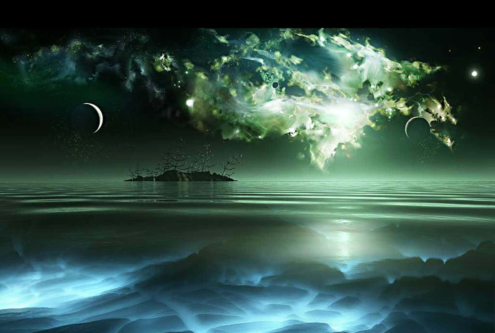 Ethereal 桌布 壁紙 — 超現實的外星海景，發光的綠色星雲和彎月懸浮在平靜的水面上，水面反射出明亮的藍色岩石。