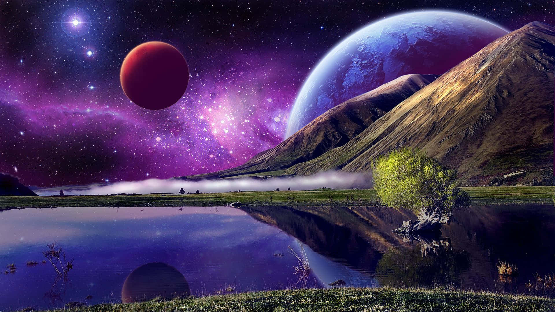 1920 X 1080 Nebula 桌布 壁紙 — 超現實的外星風景，有紫色星雲、兩顆行星和一個反射宇宙的湖泊。