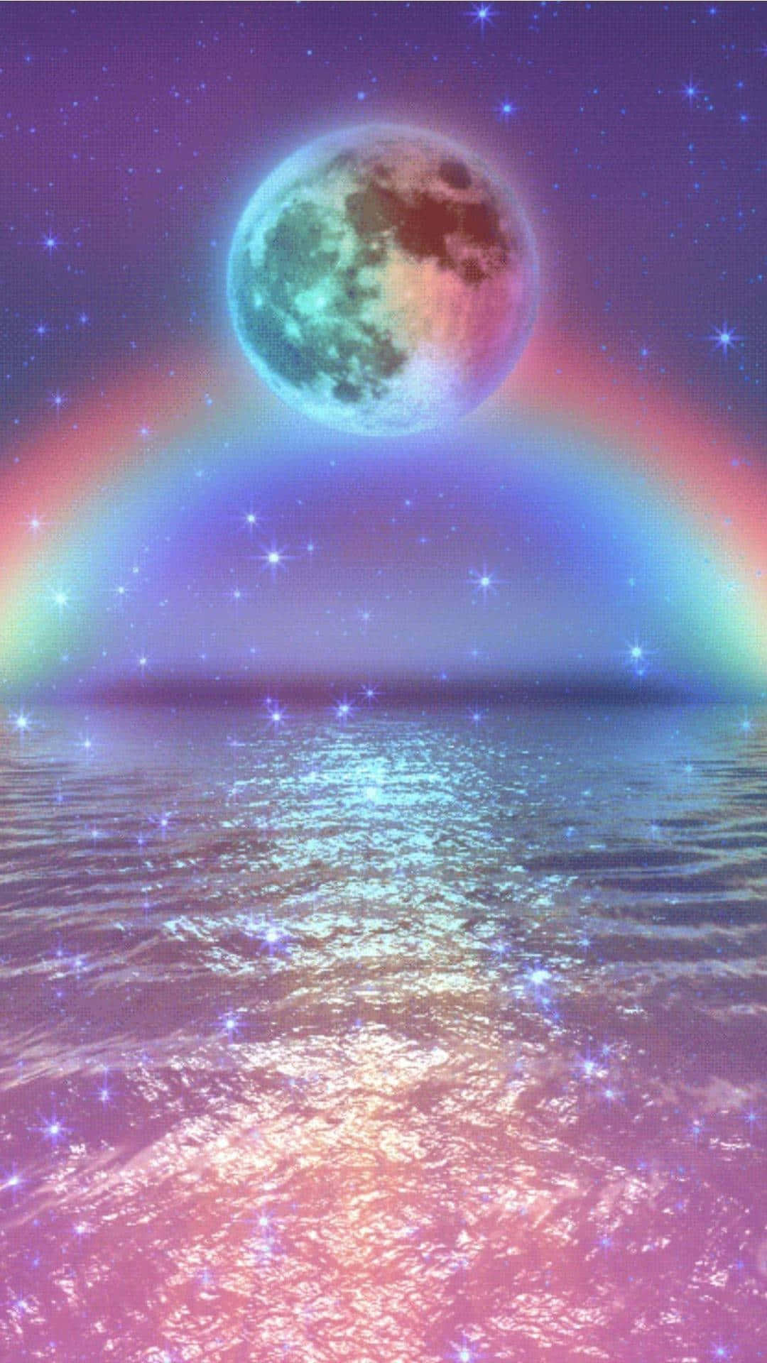 桌布 壁紙 — 超現實的夜空，一輪發光的月亮和彩虹拱形在閃爍的星海之上。