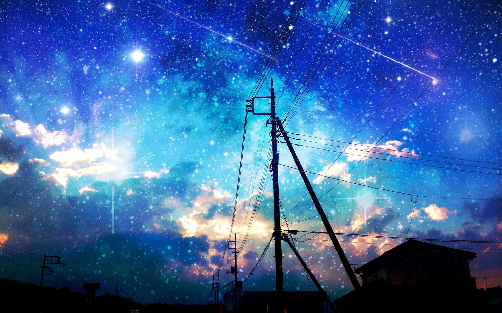 Anime Sky 桌布 壁紙 — 超現實的夜空，佈滿星星和流星，映襯著剪影般的電線和屋頂。