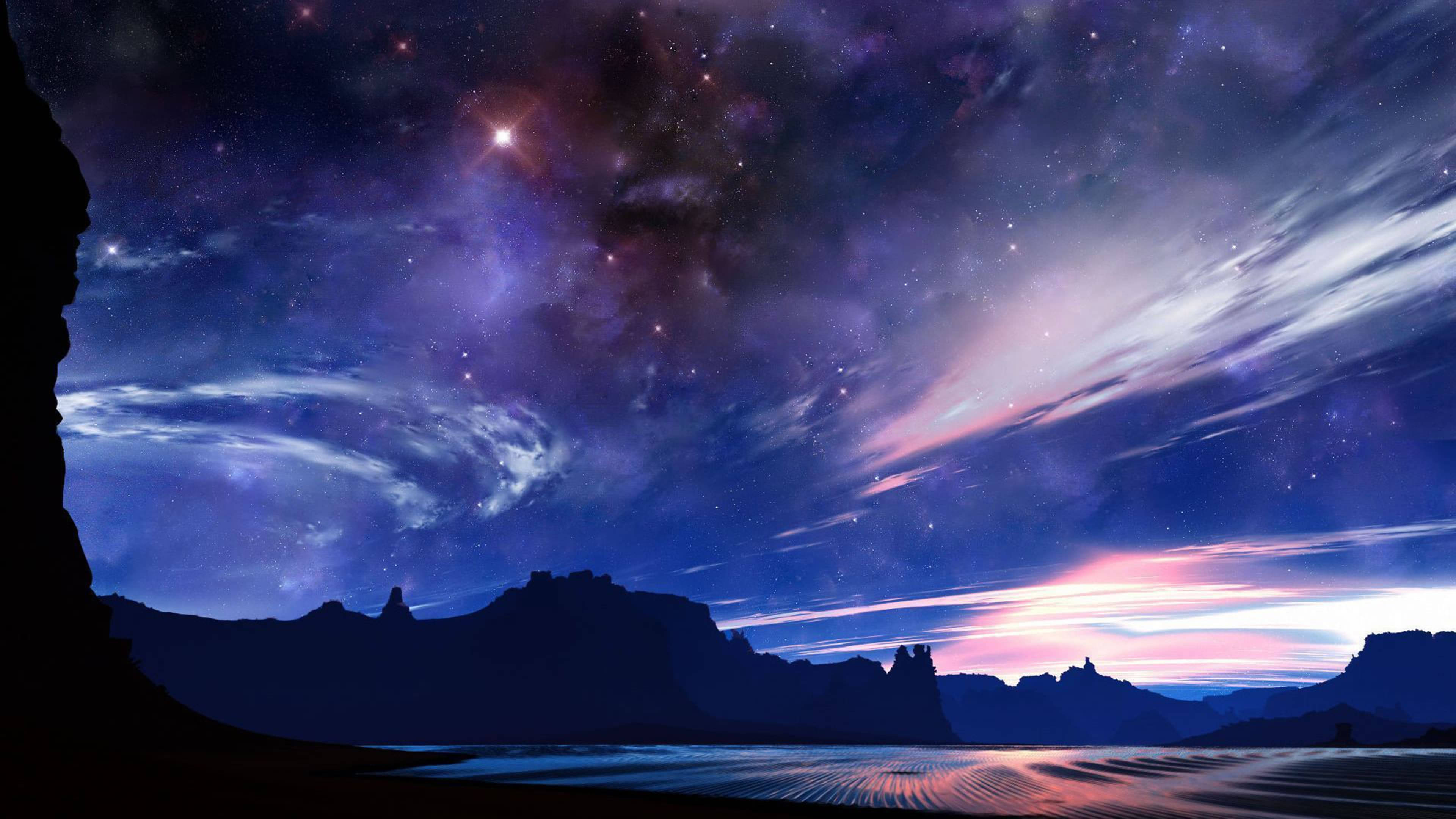 霓虹藍美學 桌布 壁紙 — 超現實的夜空，充滿鮮豔的紫色星雲和條紋雲，在崎嶇的山脈輪廓下平靜的水面上反射。