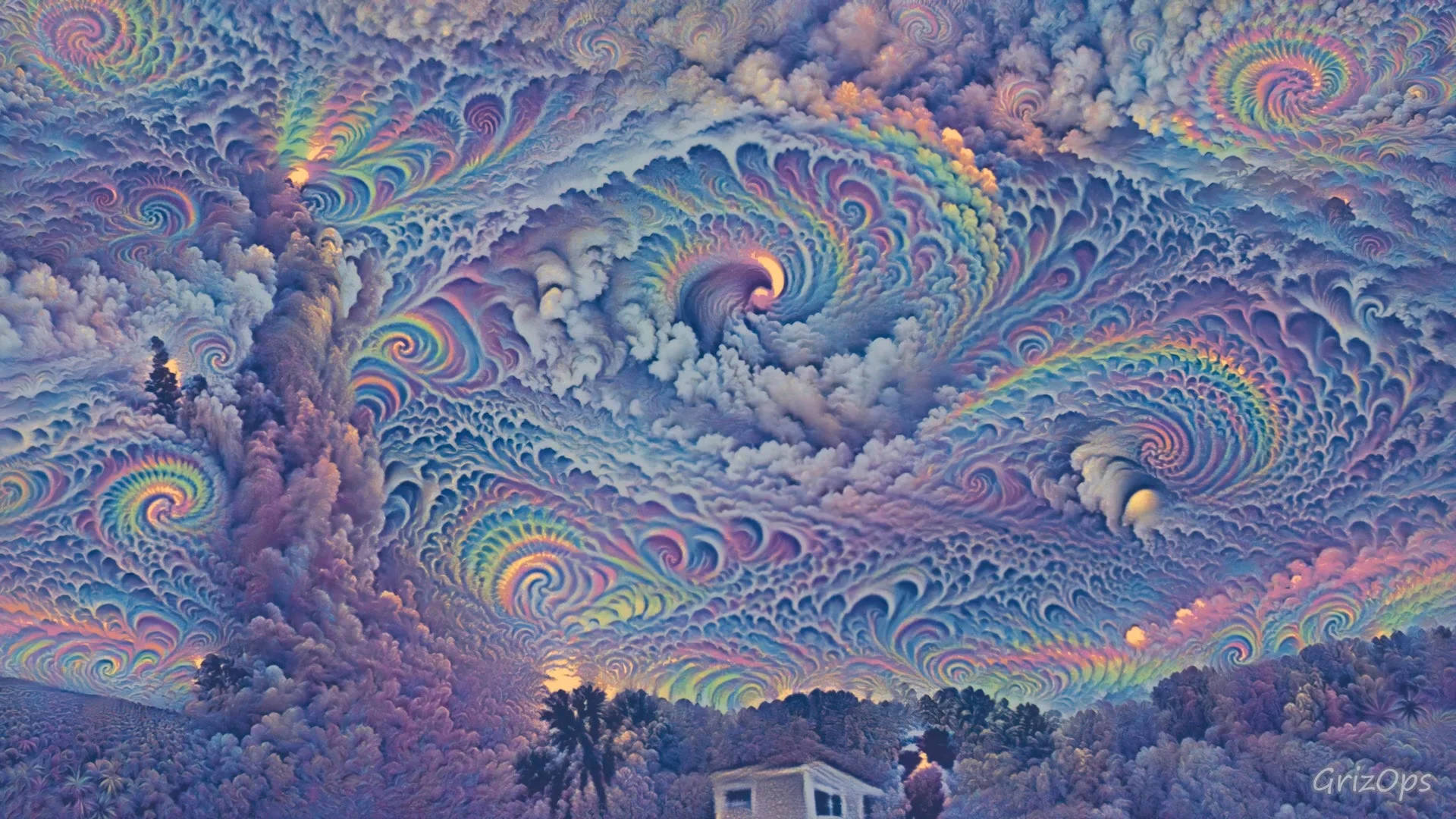 房屋在超現實的天空下，有旋轉的彩虹分形雲彩。 — 迷幻動圖 壁紙