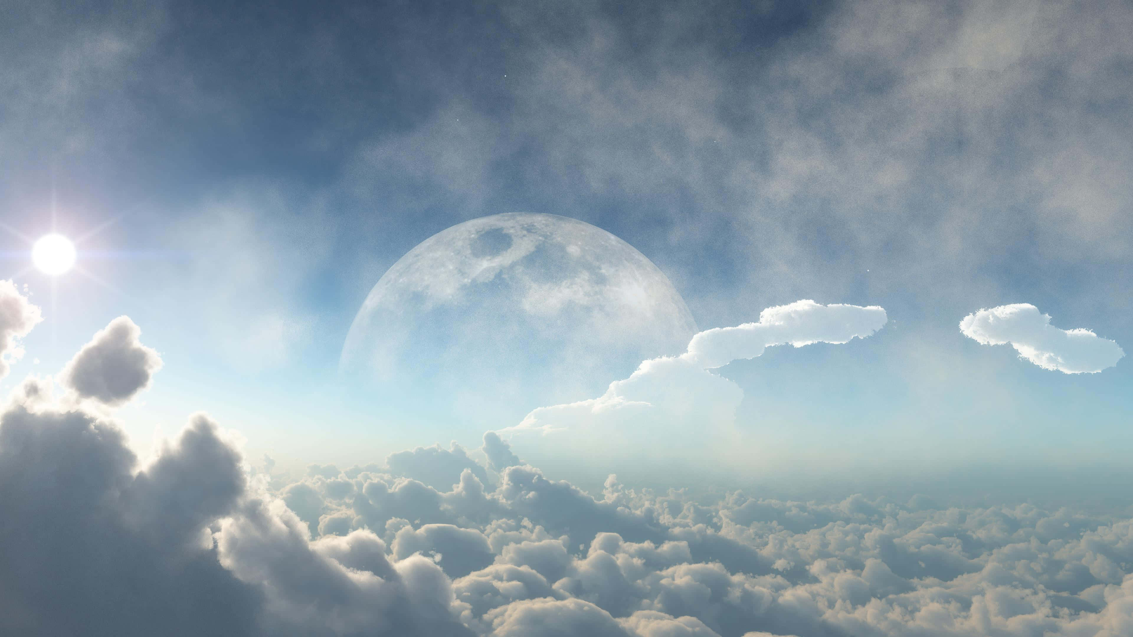 Heavenly Clouds 桌布 壁紙 — 超現實的天空景觀，太陽和月亮在蓬鬆的雲海之上可見。