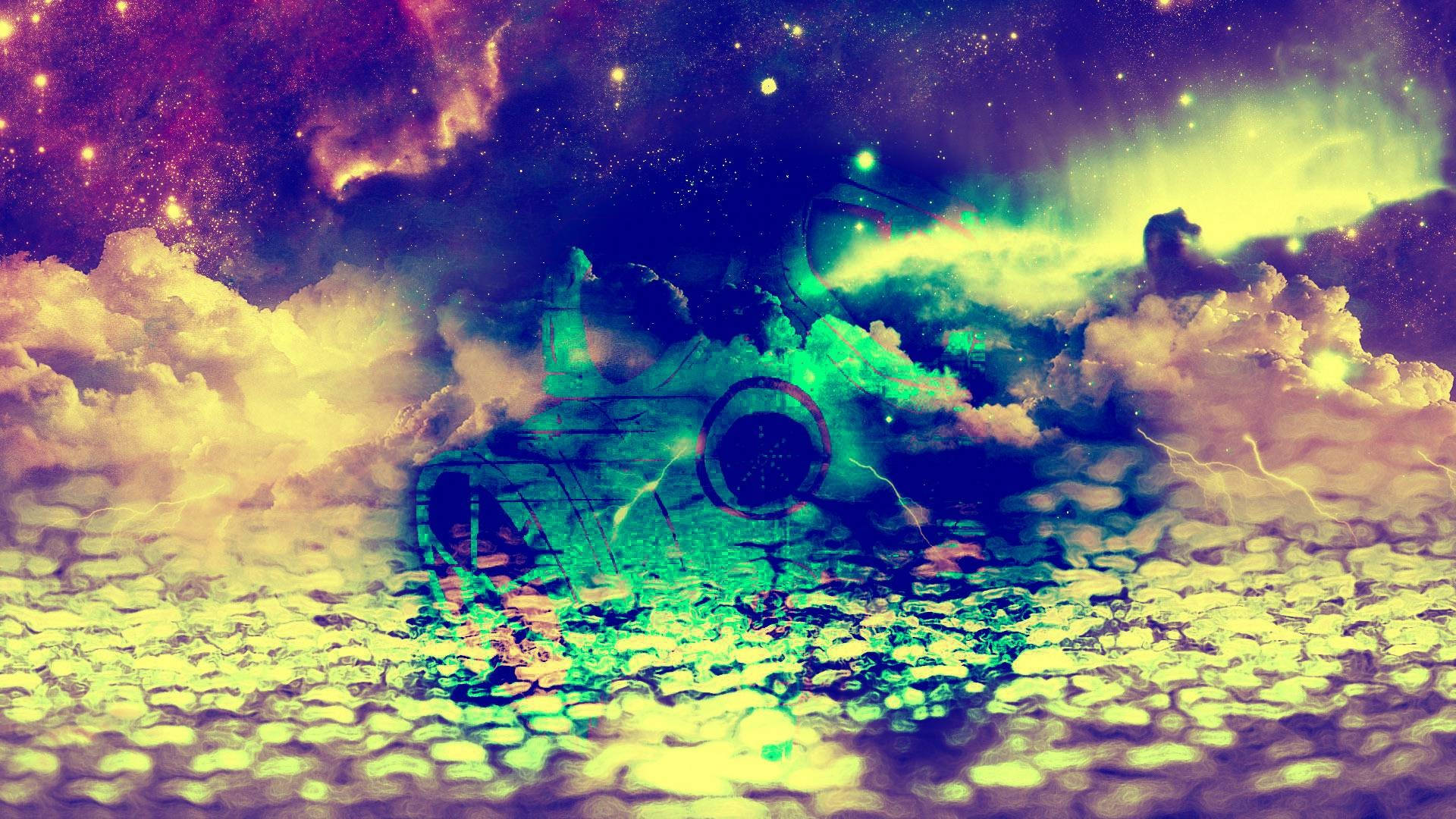 迷幻動圖 桌布 壁紙 — 超現實的宇宙場景，一艘發光的太空船從充滿活力的星雲和星空中的紋理外星景觀中出現。