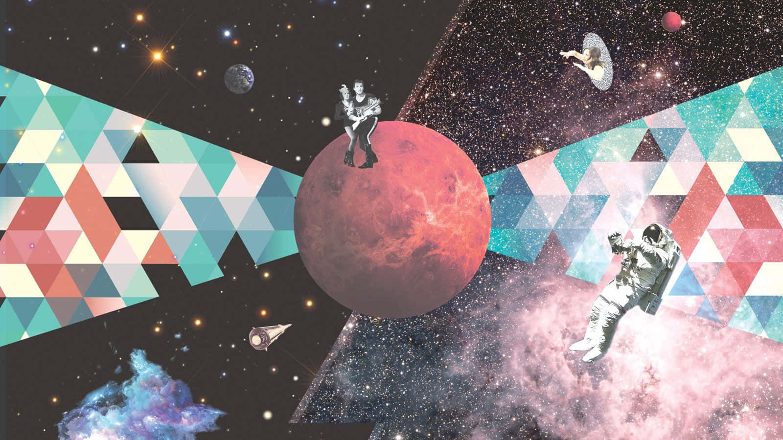 桌布 壁紙 — 超現實的宇宙場景，太空人在被幾何星場和星雲環繞的紅色行星附近漂浮。