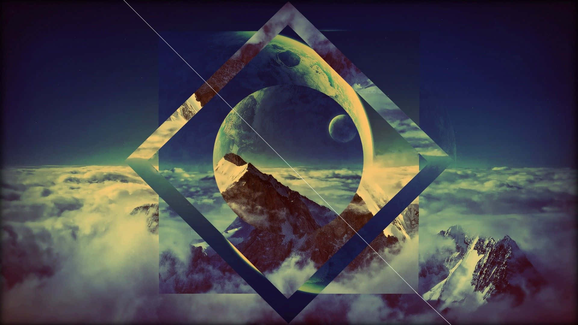 雲朵 桌布 壁紙 — 超現實的宇宙場景，幾何框架疊加在雪山和漂浮在雲層之上的行星上。