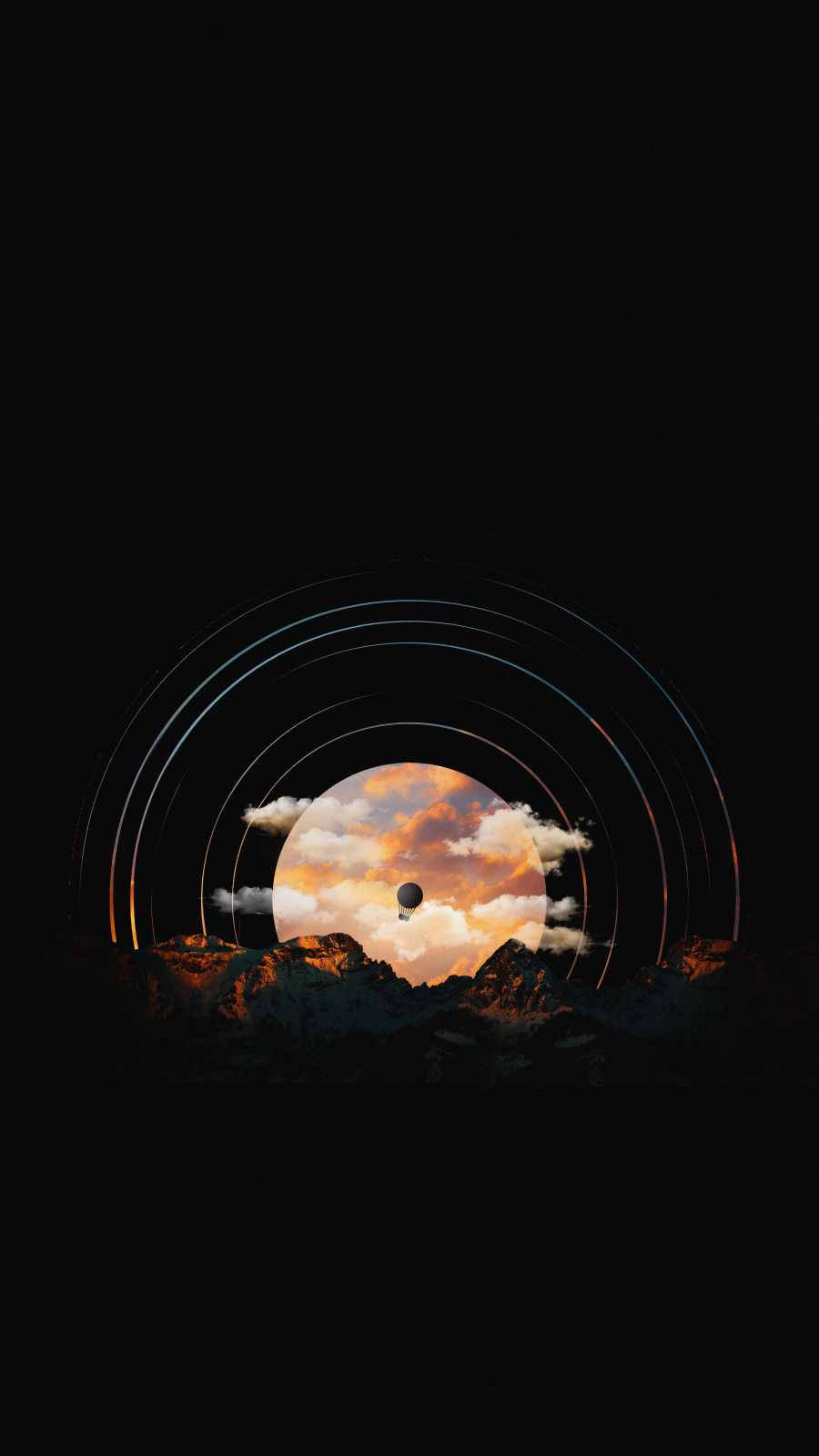 minimal dark iPhone 桌布 壁紙 — 超現實的宇宙場景，發光的日落天空被同心環框住，位於鋸齒狀山峰之上。