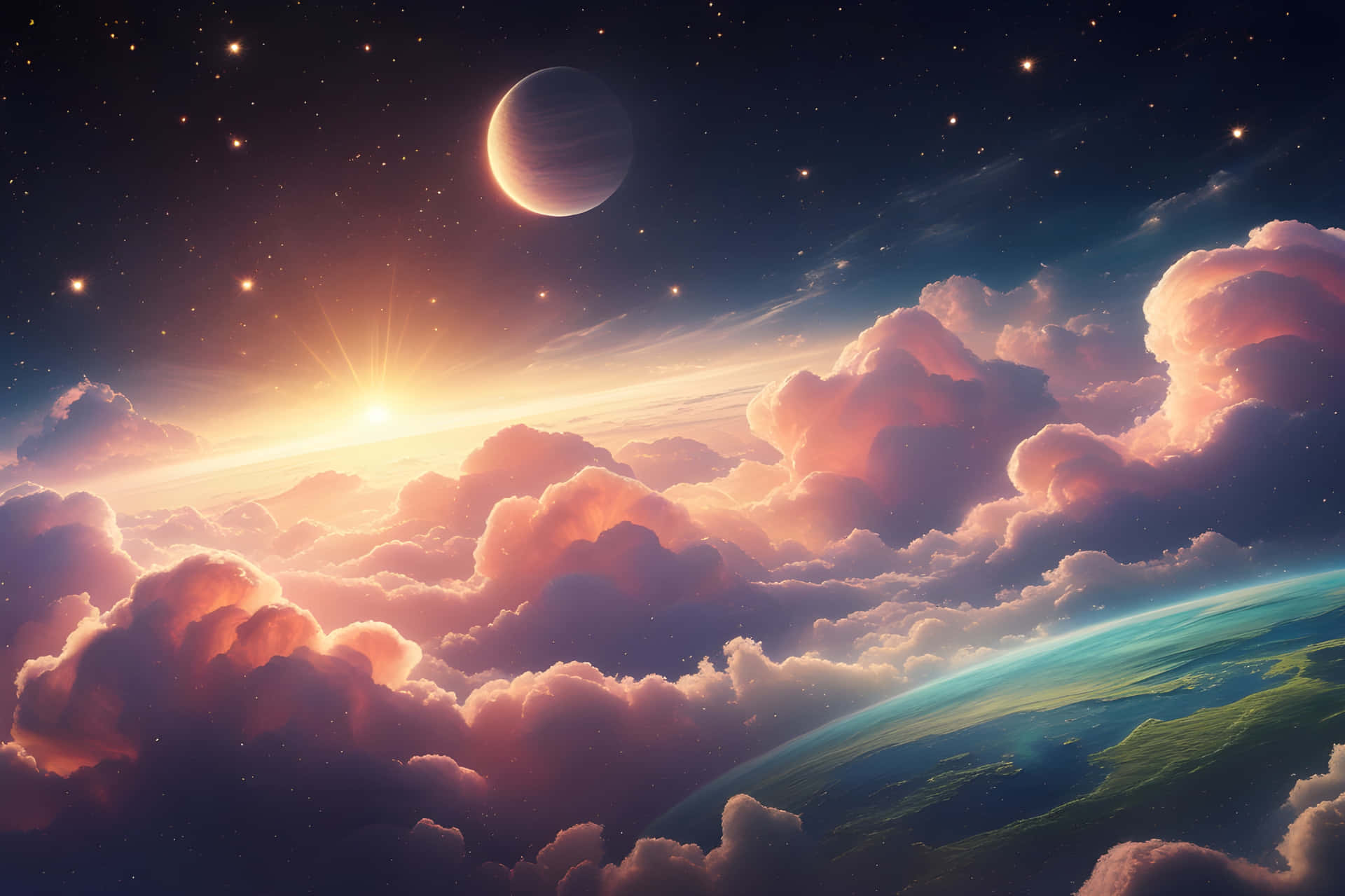 A beautiful planet star 壁紙 — 超現實的宇宙日出以金色光芒沐浴蓬鬆的粉紅雲朵，一彎新月懸掛在彎曲的藍色行星上方。