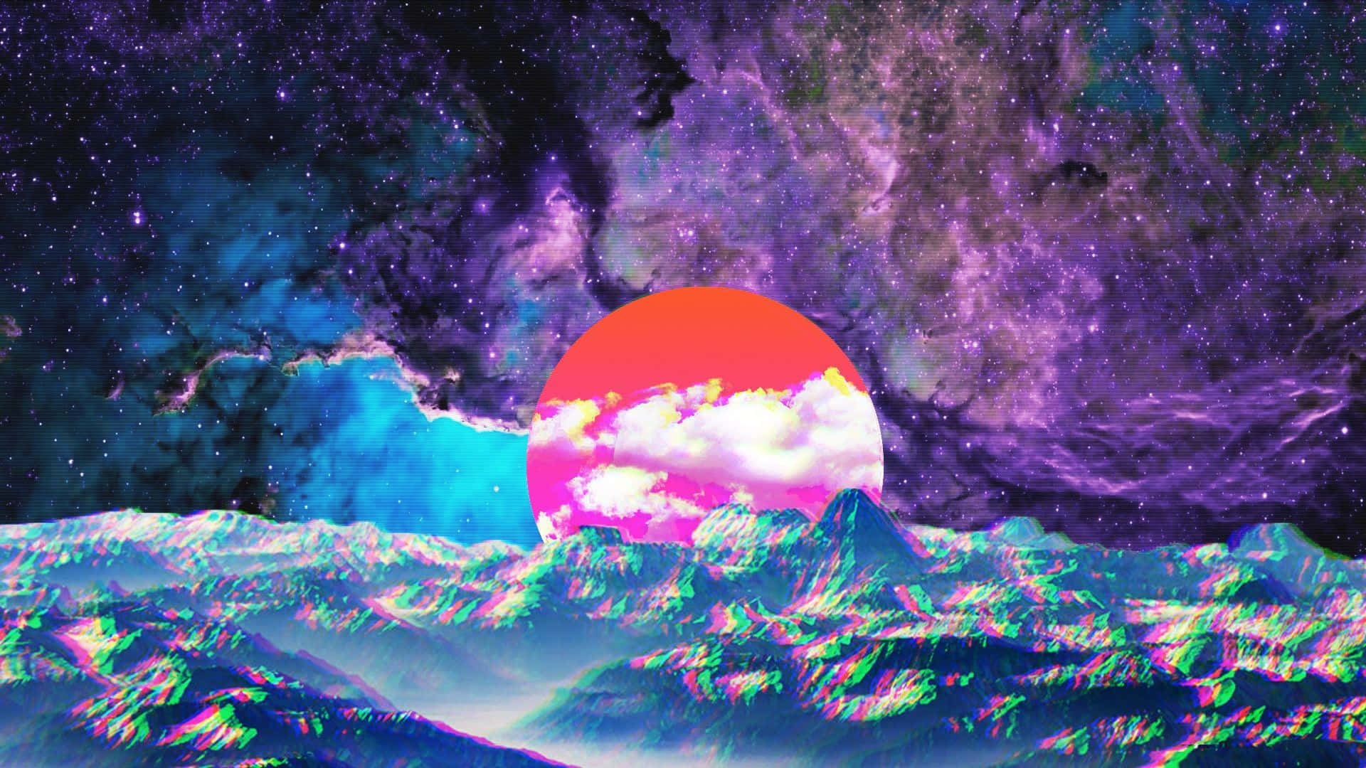 美學 桌布 壁紙 — 超現實的宇宙日落，在充滿活力的紫色和藍綠色星雲天空下，鋸齒狀山脈後方有一顆發光的紅色太陽。