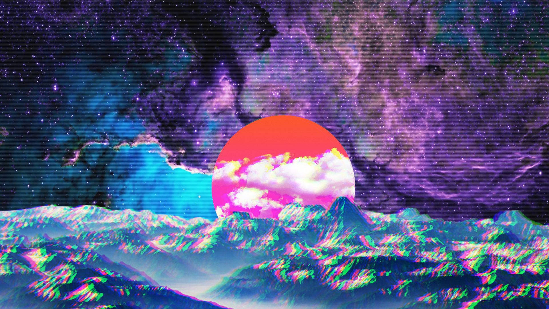 太空美學動圖 桌布 壁紙 — 超現實的宇宙日落，在充滿活力的紫色和藍綠色星雲天空下，鋸齒狀山脈後方有一顆發光的橙色太陽。