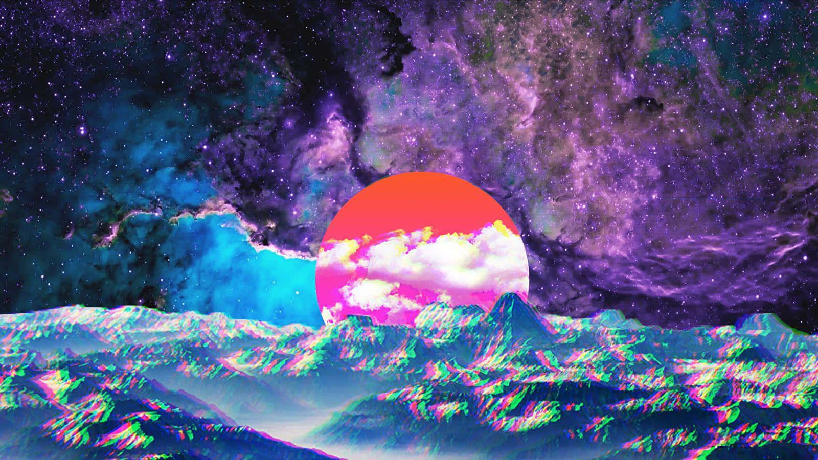 迷幻動圖 桌布 壁紙 — 超現實的宇宙日落，在充滿活力的紫色和藍綠色星雲下，鋸齒狀山脈後方有一顆發光的橙色太陽。