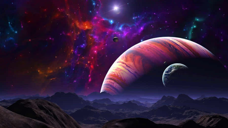 Fantasy Space 桌布 壁紙 — 超現實的宇宙景觀，呈現一顆巨大的旋轉行星和一顆藍色地球般的衛星，在 vibrant 星雲下從外星山脈升起。