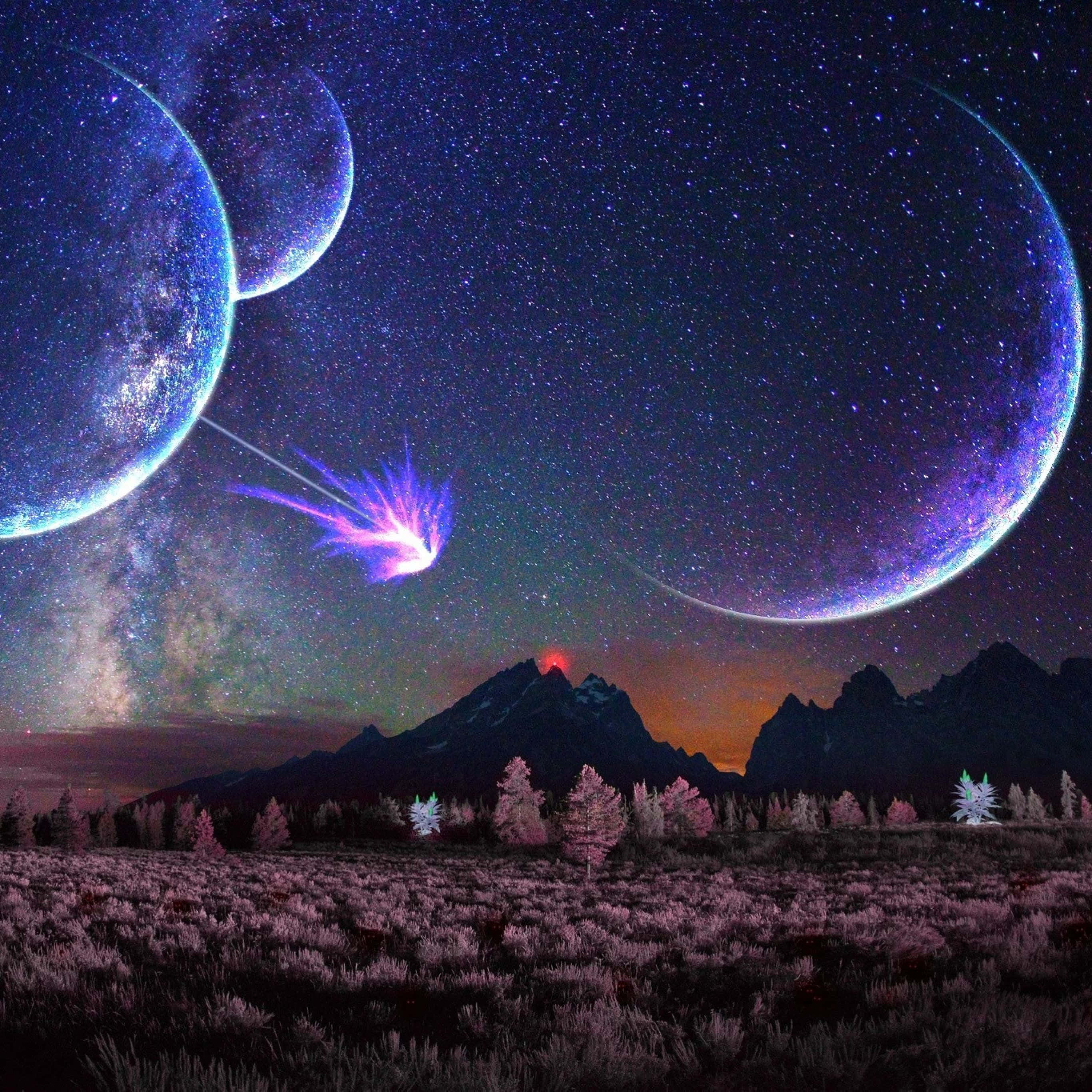 3d Space 桌布 壁紙 — 超現實的宇宙景觀，在暮色中，發光的紫色行星和流星劃過白雪覆蓋的山脈。