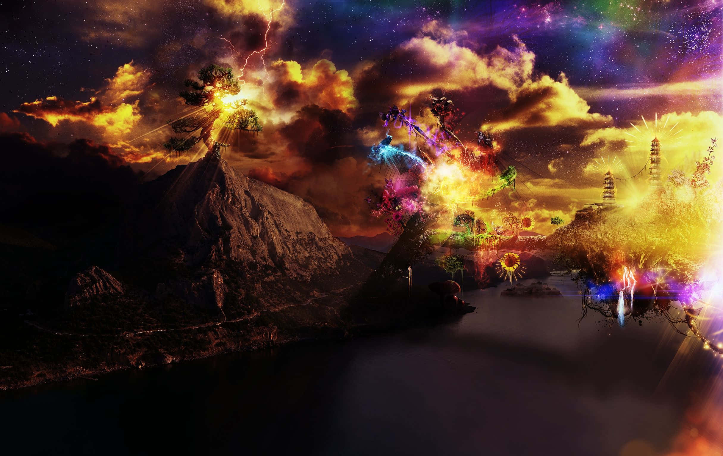 Dark Surrealism 桌布 壁紙 — 超現實的宇宙景觀，有一座山在閃電中爆發，還有一個發光的外星城市從星空下的湖泊中浮現。