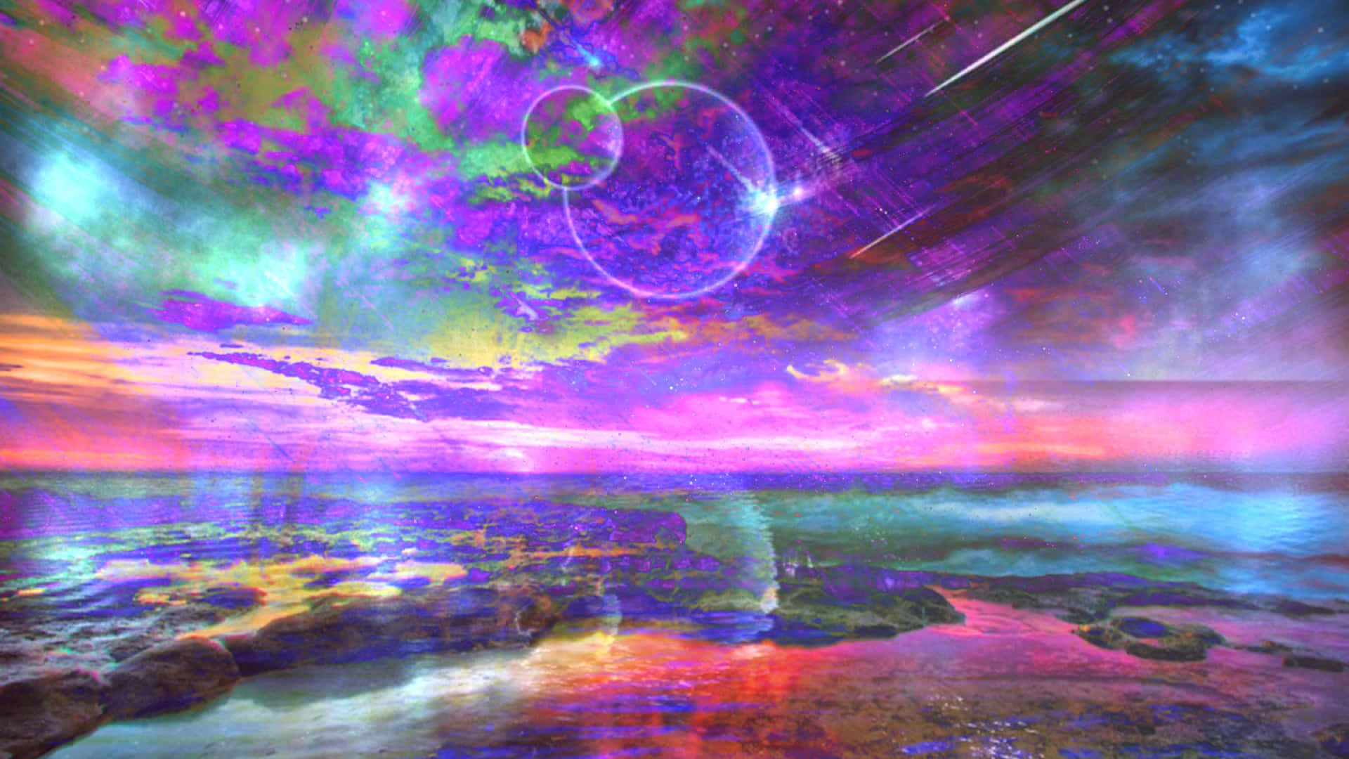 迷幻動圖 桌布 壁紙 — 超現實的宇宙海景，在星空下，明亮的星雲倒映在發光的水面上。