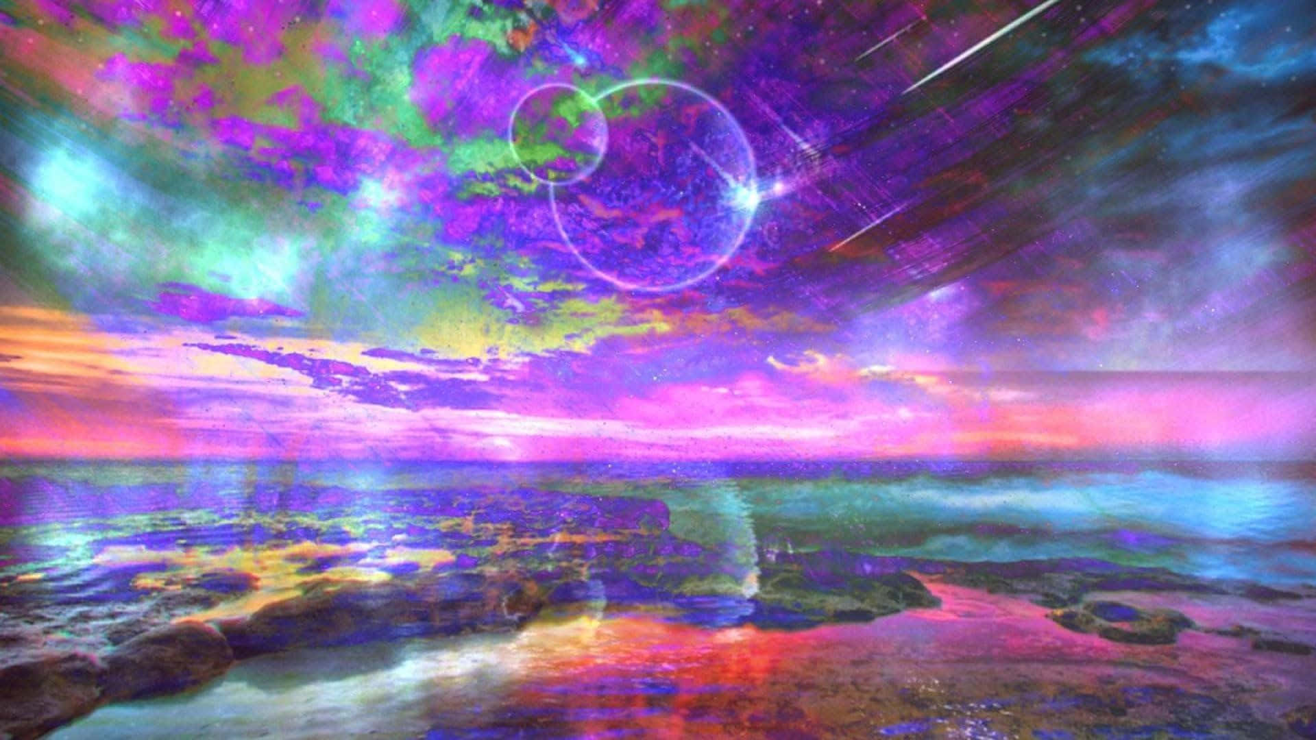Trippy Sky 桌布 壁紙 — 超現實的宇宙海景，在漂浮行星下，鮮豔星雲映照在發光的水面上。