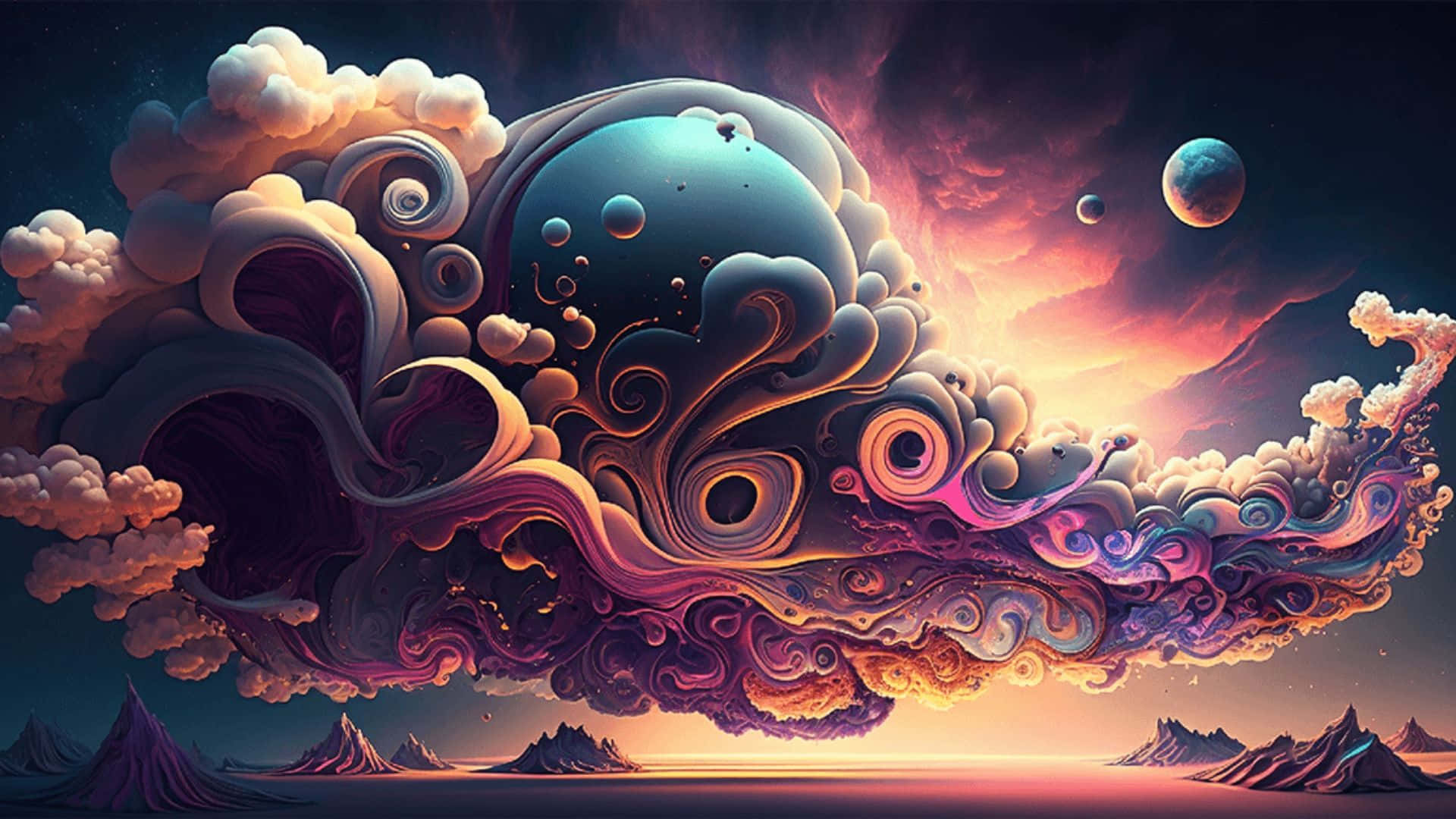 Trippy Sky 桌布 壁紙 — 超現實的宇宙雲層在暮色天空下，於鋸齒狀山脈之上，以鮮豔的紫色、橙色和藍色旋轉，並有漂浮的行星。