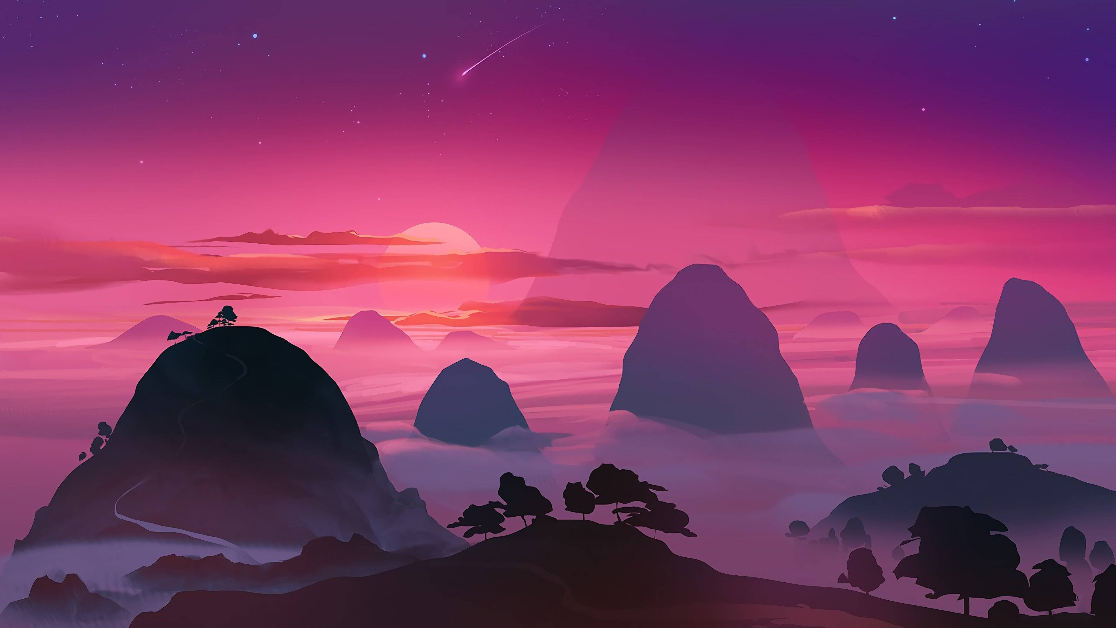 Mountains Sunset 桌布 壁紙 — 超現實的山景，沐浴在充滿活力的粉紅色和紫色暮光中，霧氣繚繞的山峰上方有發光的太陽和流星。
