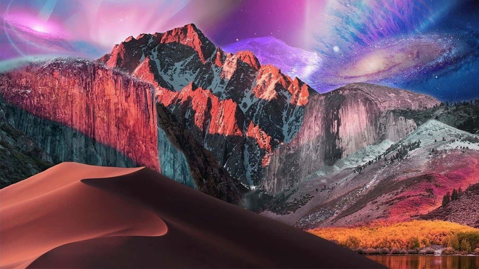 macbook pro aesthetic 桌布 壁紙 — 超現實的山脈，雪峰和發光的極光在沙漠沙丘和秋林之上。