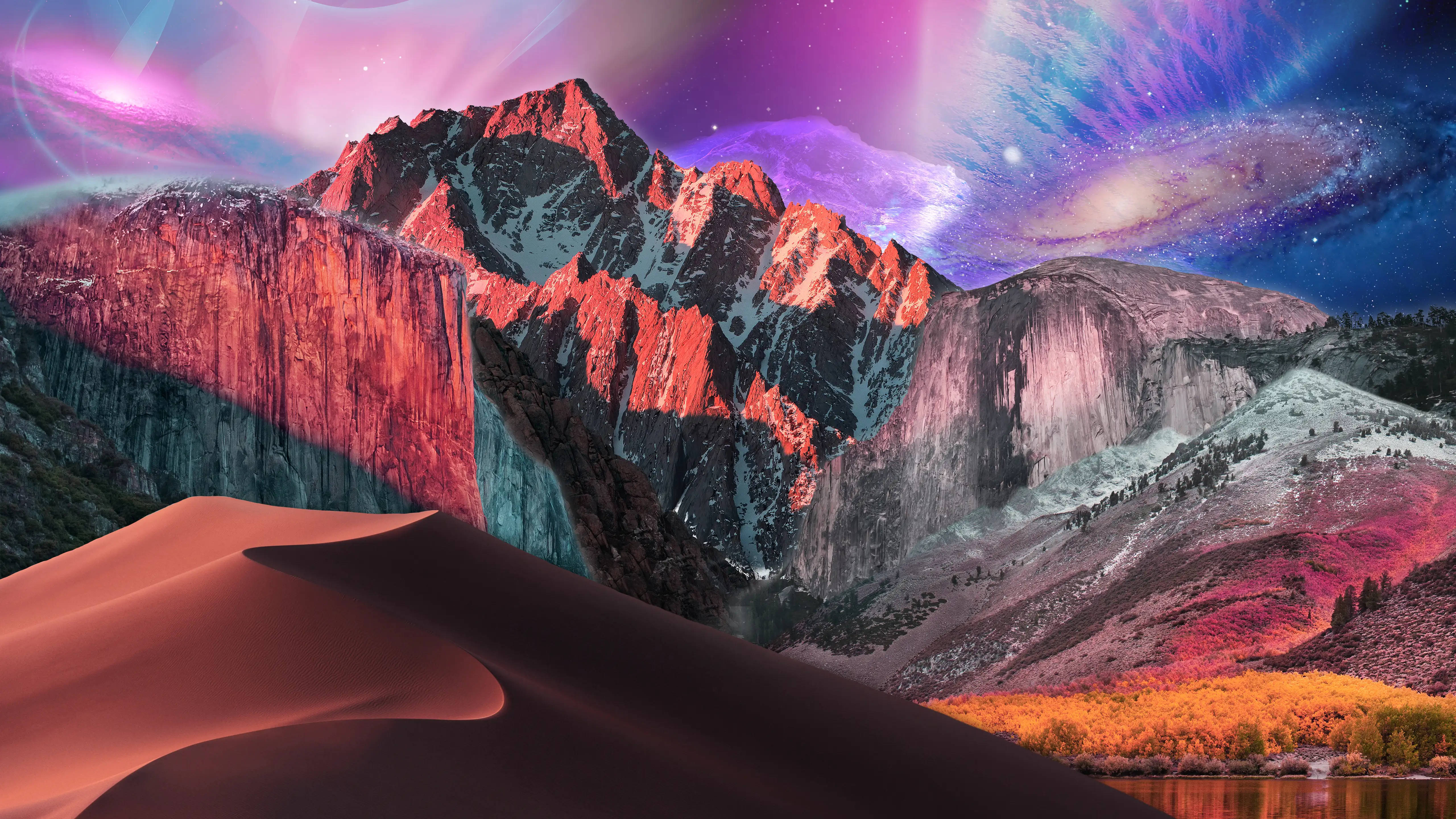 蘋果 桌布 壁紙 — 超現實的山脈沐浴在宇宙粉紅和紫色極光中，前景是沙漠沙丘。