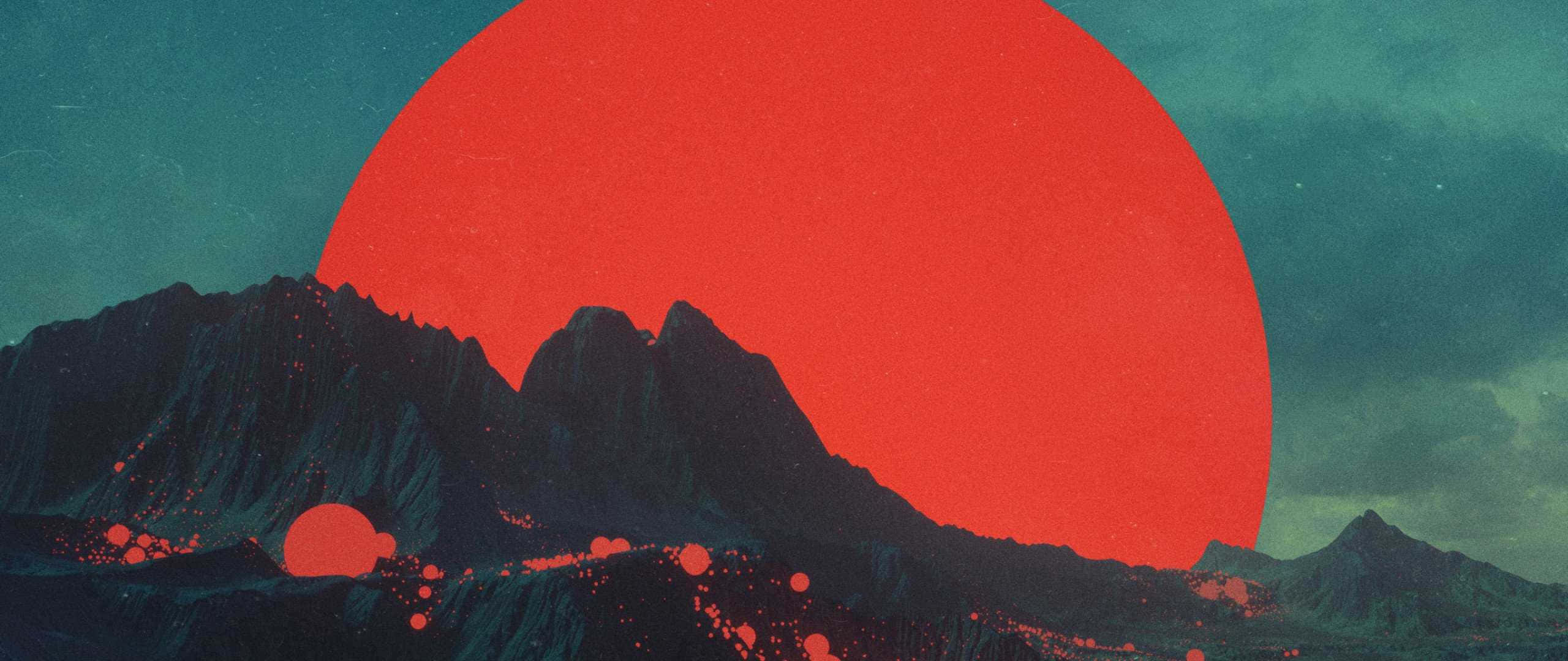 Art 2560x1080 桌布 壁紙 — 超現實的山脈輪廓映襯著巨大的紅色太陽，在青綠色的天空中發光，漂浮著紅色球體。