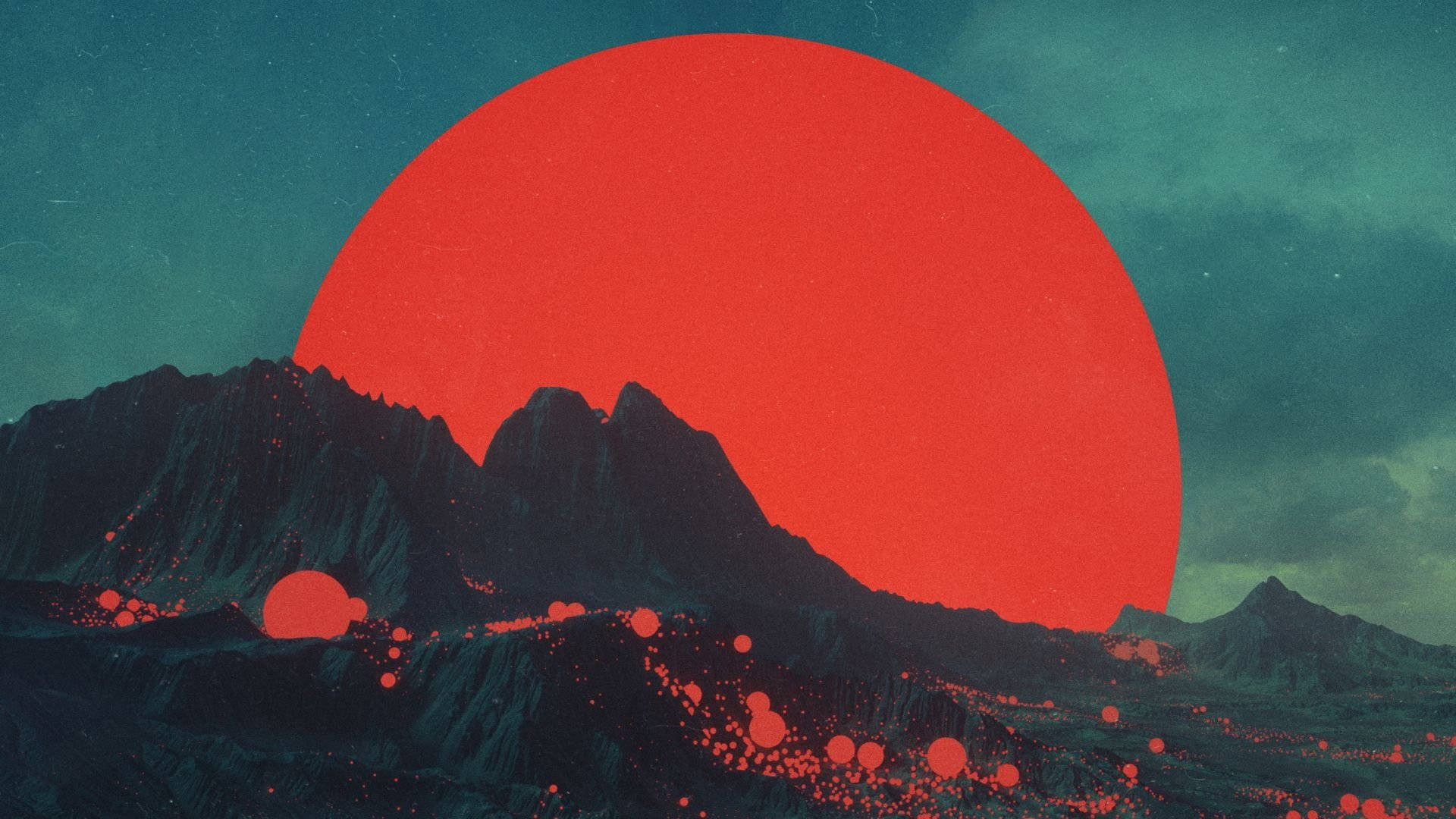 美學藝術 桌布 壁紙 — 超現實的山脈輪廓映襯著巨大的紅色太陽，前景散落著發光的紅色球體。