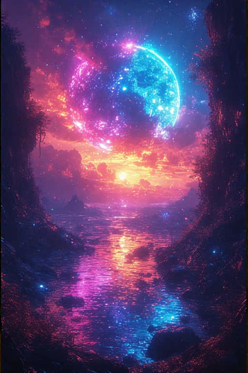 Breathtaking Neon Landscape Vibrant Colors 4K 壁紙 — 超現實的峽谷河流反射出閃爍的半月和日落，在星空宇宙天空下。