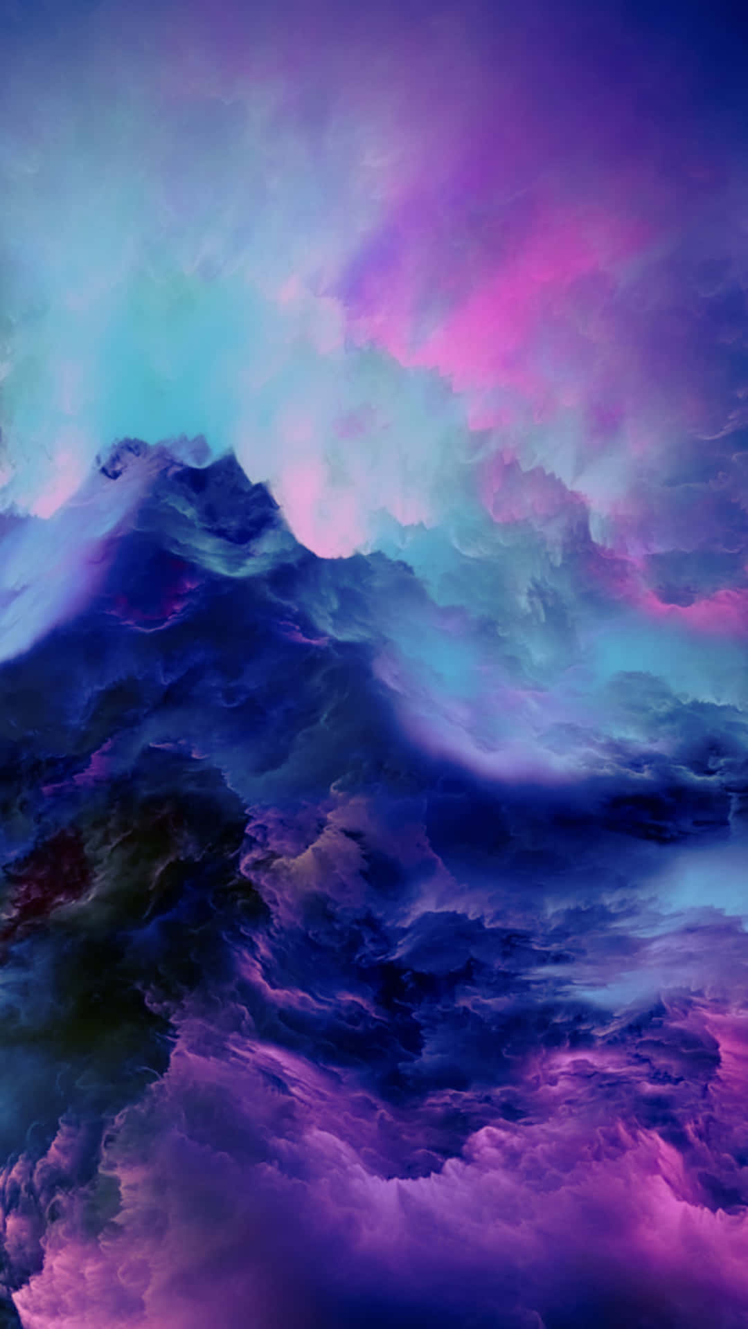 1080x1920 桌布 壁紙 — 超現實的數位天空，帶有鮮豔紫色、粉紅色和藍綠色色調的漩渦雲，形成山脈輪廓。