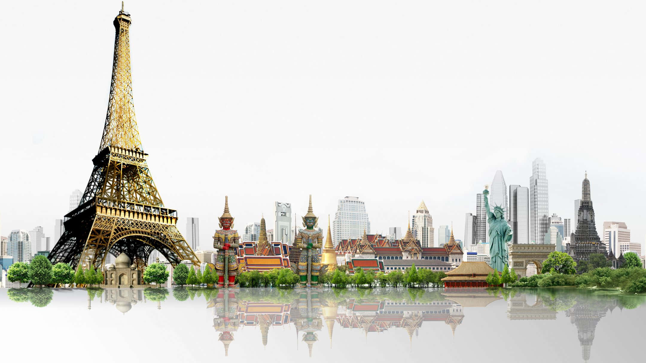 Travel Desktop 桌布 壁紙 — 超現實的數位拼貼，全球地標如艾菲爾鐵塔和自由女神像漂浮在水面上，倒影完美。