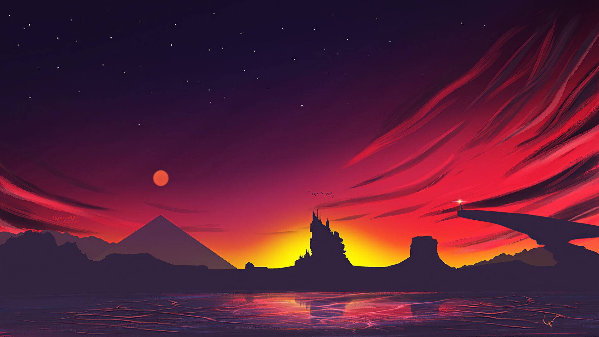 山景 桌布 壁紙 — 超現實的數位日落，火紅的雲彩勾勒出城堡金字塔和橋樑的剪影，映照在星空下的水面上。