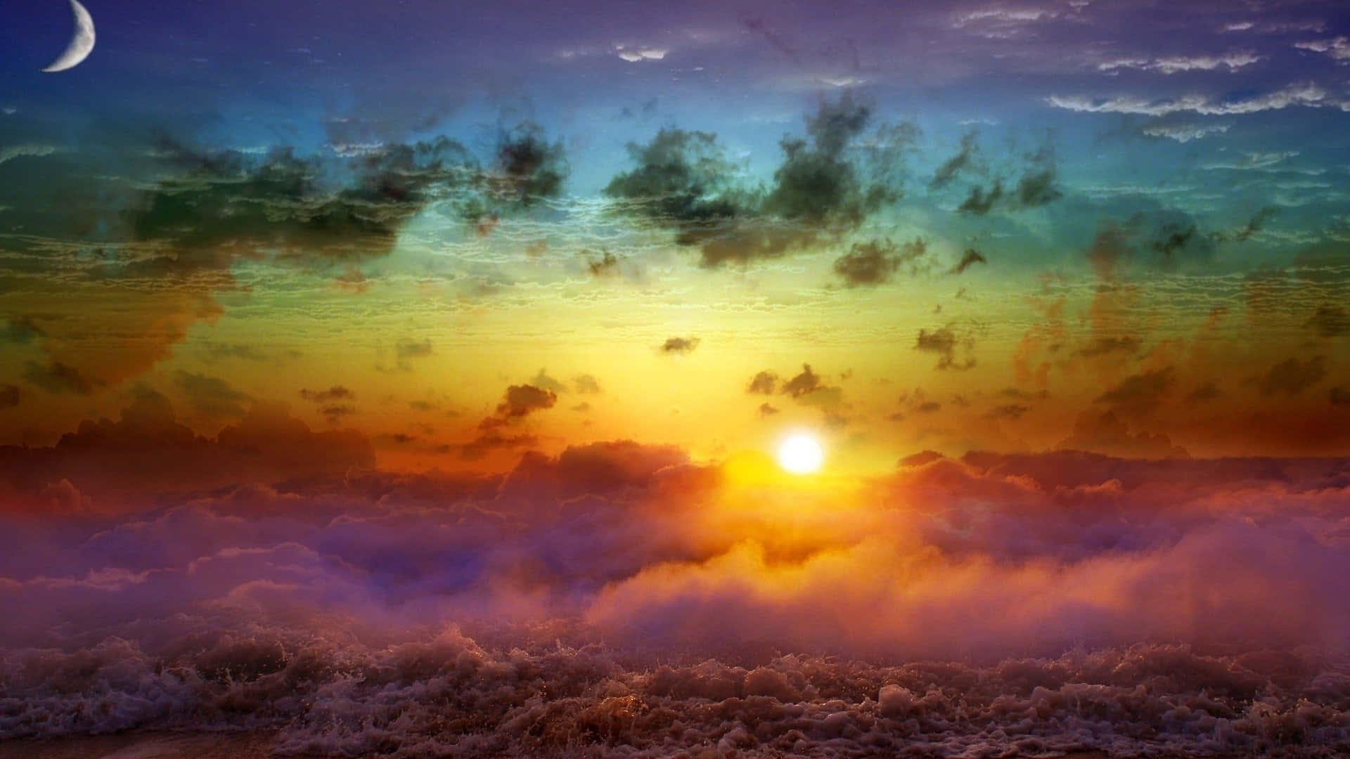 Colorful Sky 桌布 壁紙 — 超現實的日出，雲海之上有新月和鮮豔的彩虹色天空。