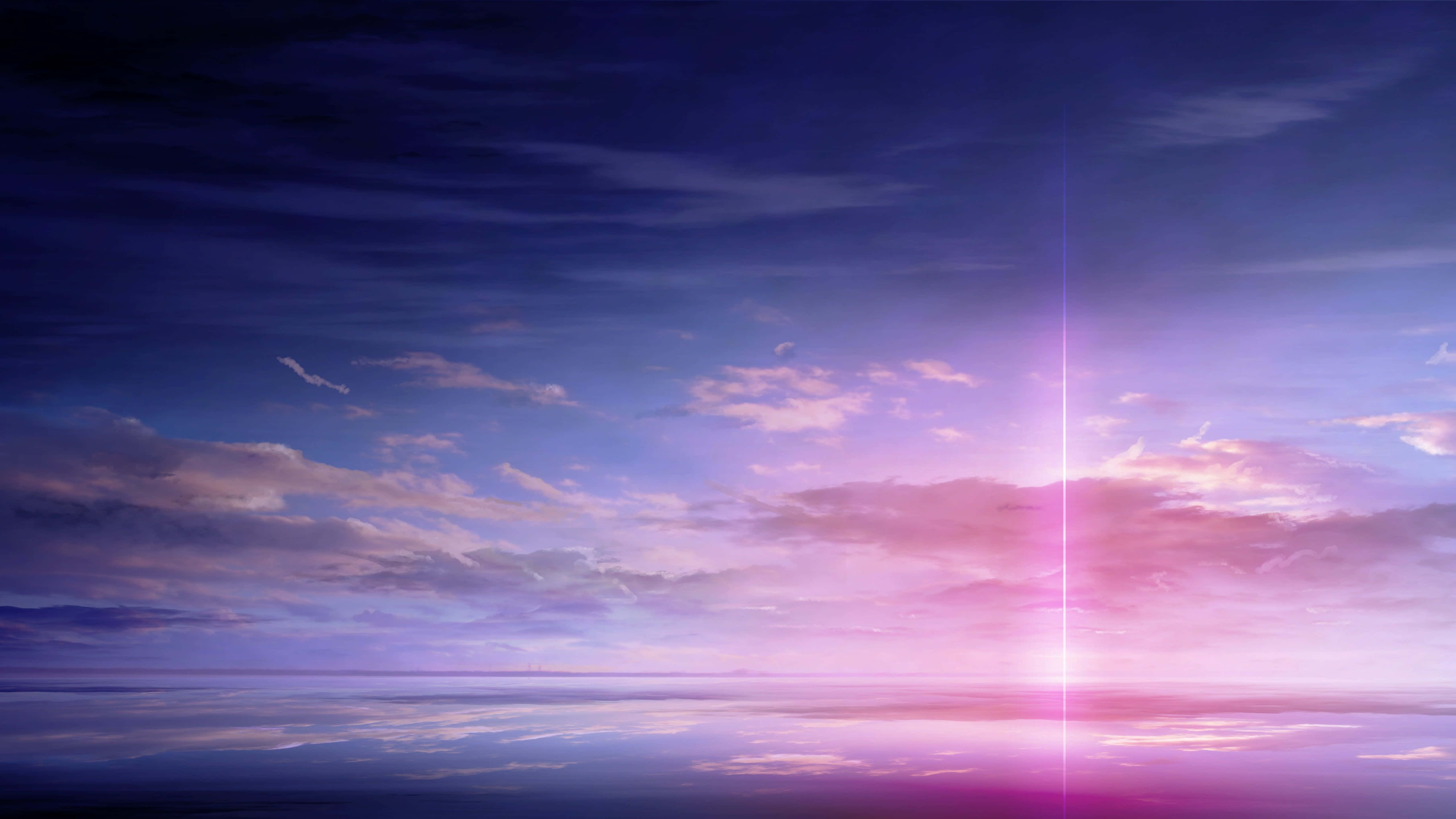 Pink Anime 桌布 壁紙 — 超現實的暮色天空，鮮豔的紫色和粉紅色雲彩倒映在平靜的水面上，被一道燦爛的垂直光束穿透。