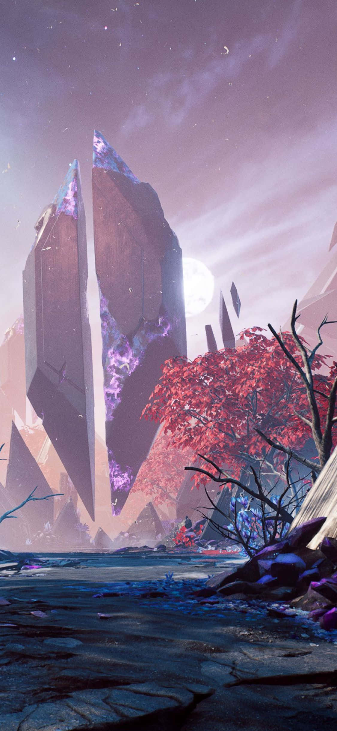 Battlefield 桌布 壁紙 — 超現實的暮色景觀，在月光照耀的天空下，一棵紅葉樹旁有發光的紫色水晶尖塔。