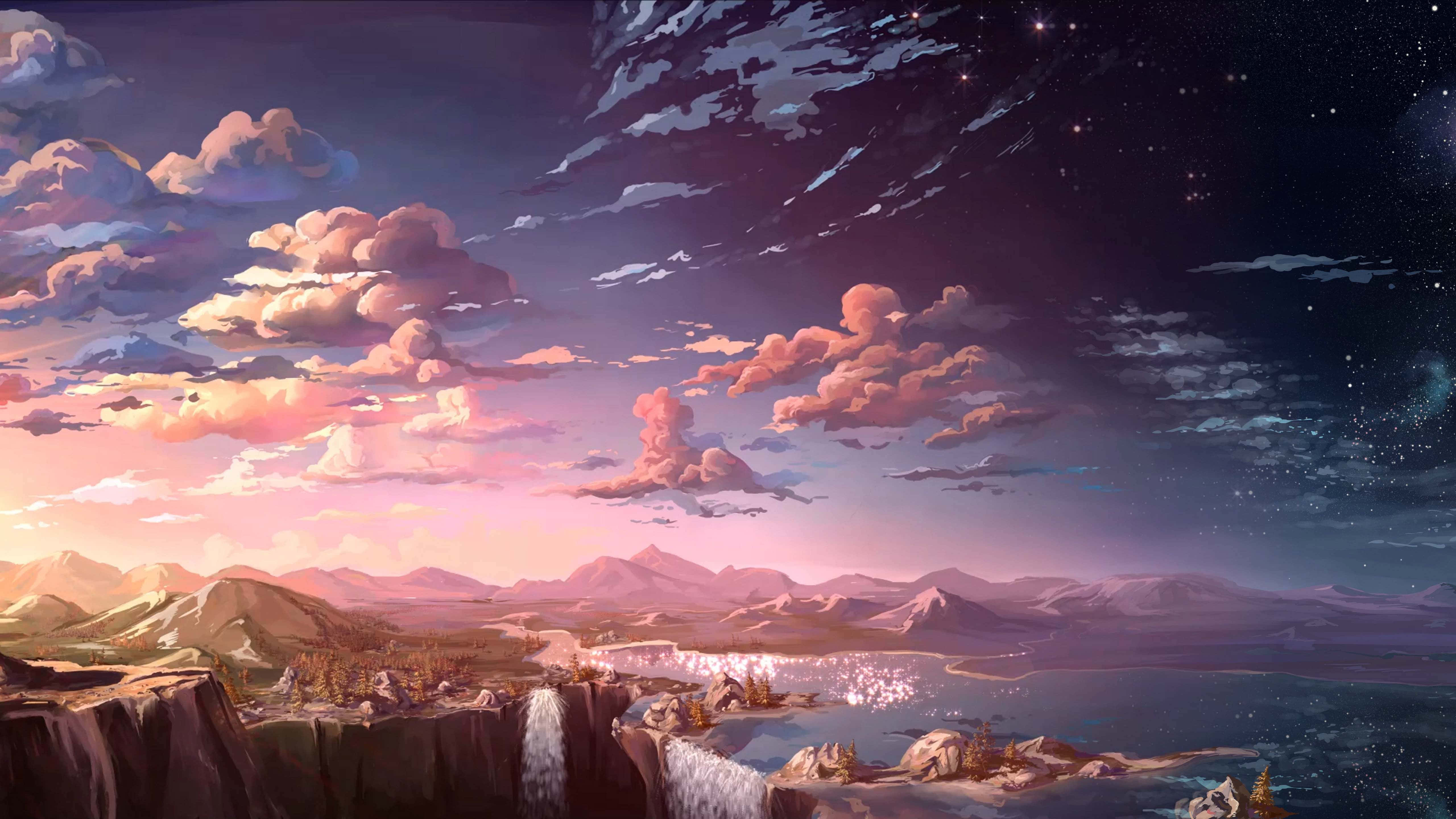 Calm Aesthetic Desktop 桌布 壁紙 — 超現實的暮色景觀，有粉紅色的雲、積雪的山峰和星空下發光的瀑布。