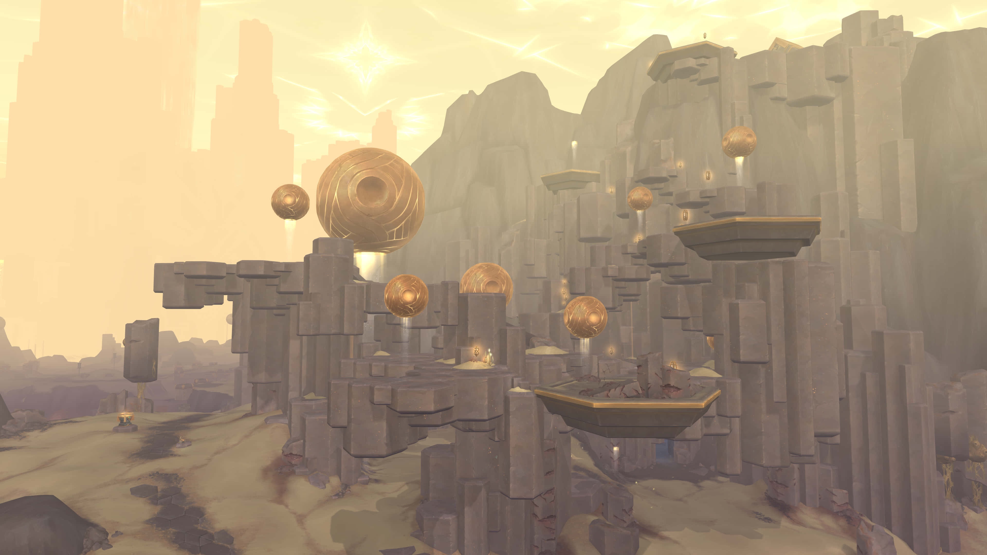 World Of Warcraft Shadowlands 桌布 壁紙 — 超現實的浮石建築，金色球體懸浮在霧氣瀰漫的沙漠峽谷中，正值黃金時刻。
