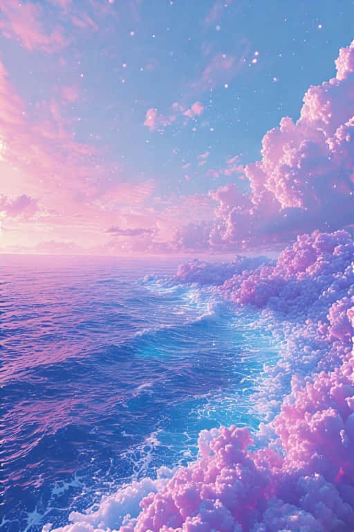 Vaporwave Ocean and Horizon Pink, Blue & Lavender 8K 壁紙 — 超現實的海洋遇上滿是棉花糖粉紅雲朵的天空，下方是星光燦爛的暮光藍色廣闊空間。
