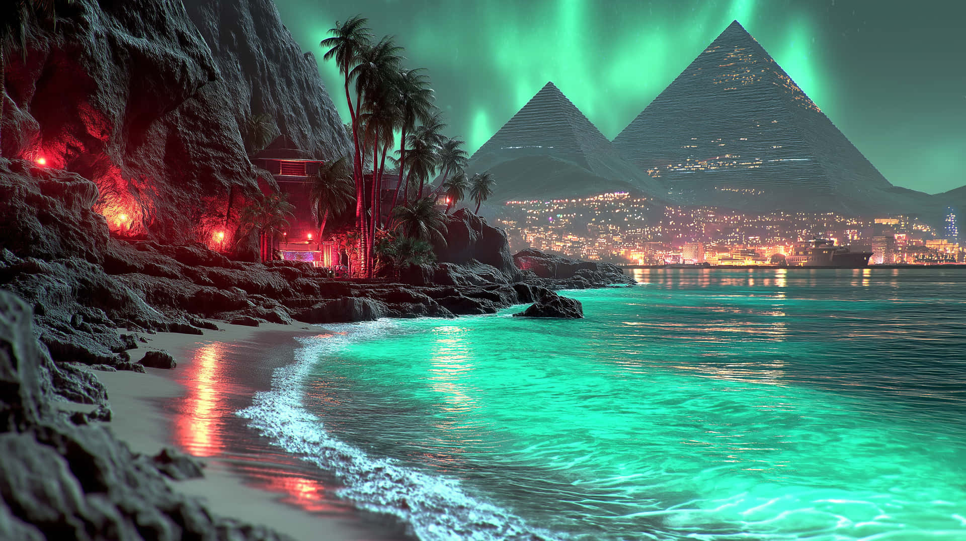 Enchanted Coastal Scene with Luminous Pyramids and Shoreline 壁紙 — 超現實的海灘場景，金字塔上方有發光的綠色極光，紅色燈光的懸崖村莊倒映在碧綠色的海水中。