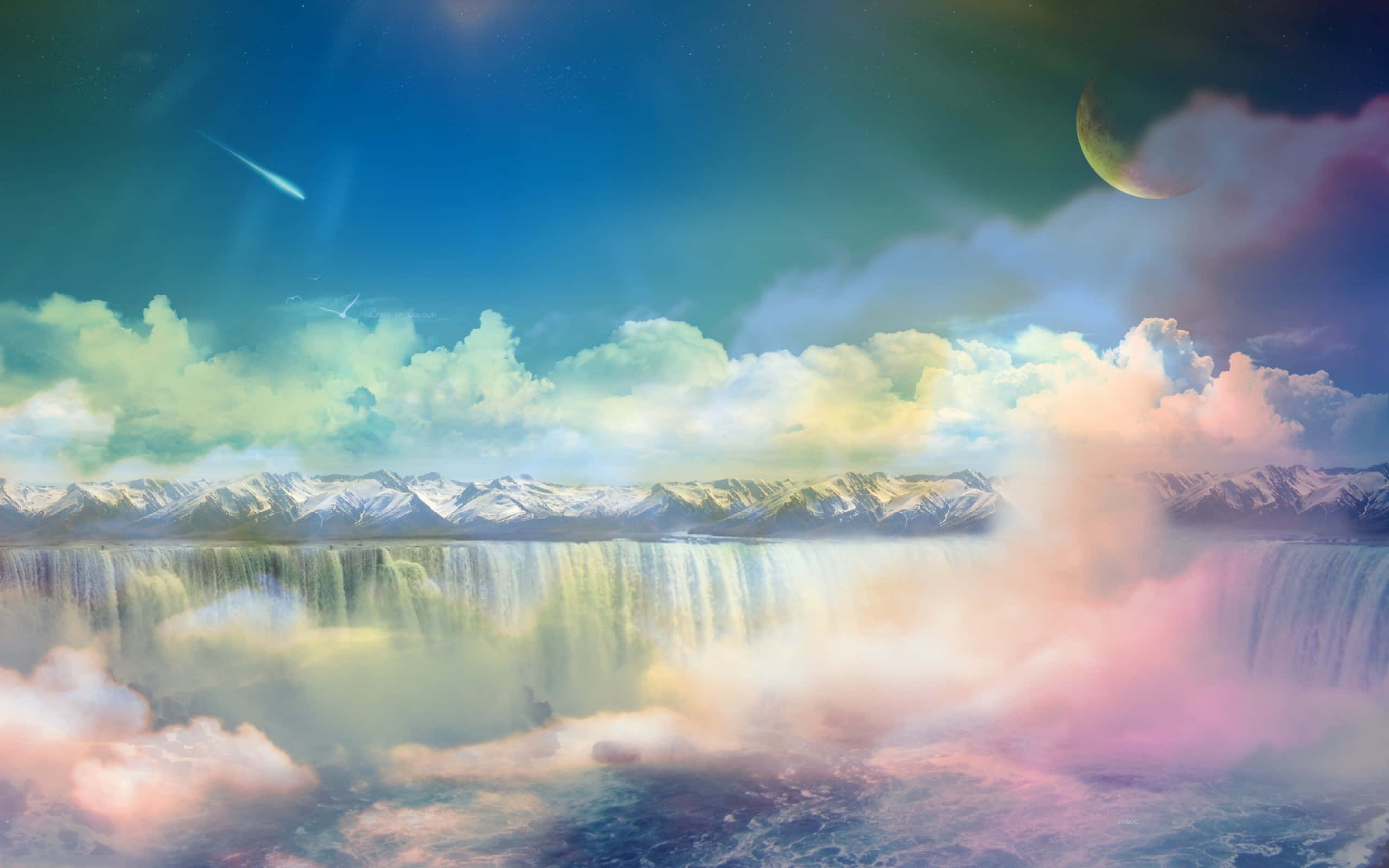 dreamy 桌布 壁紙 — 超現實的瀑布在充滿活力的天空下穿過雲層傾瀉而下，天空中有新月和流星。