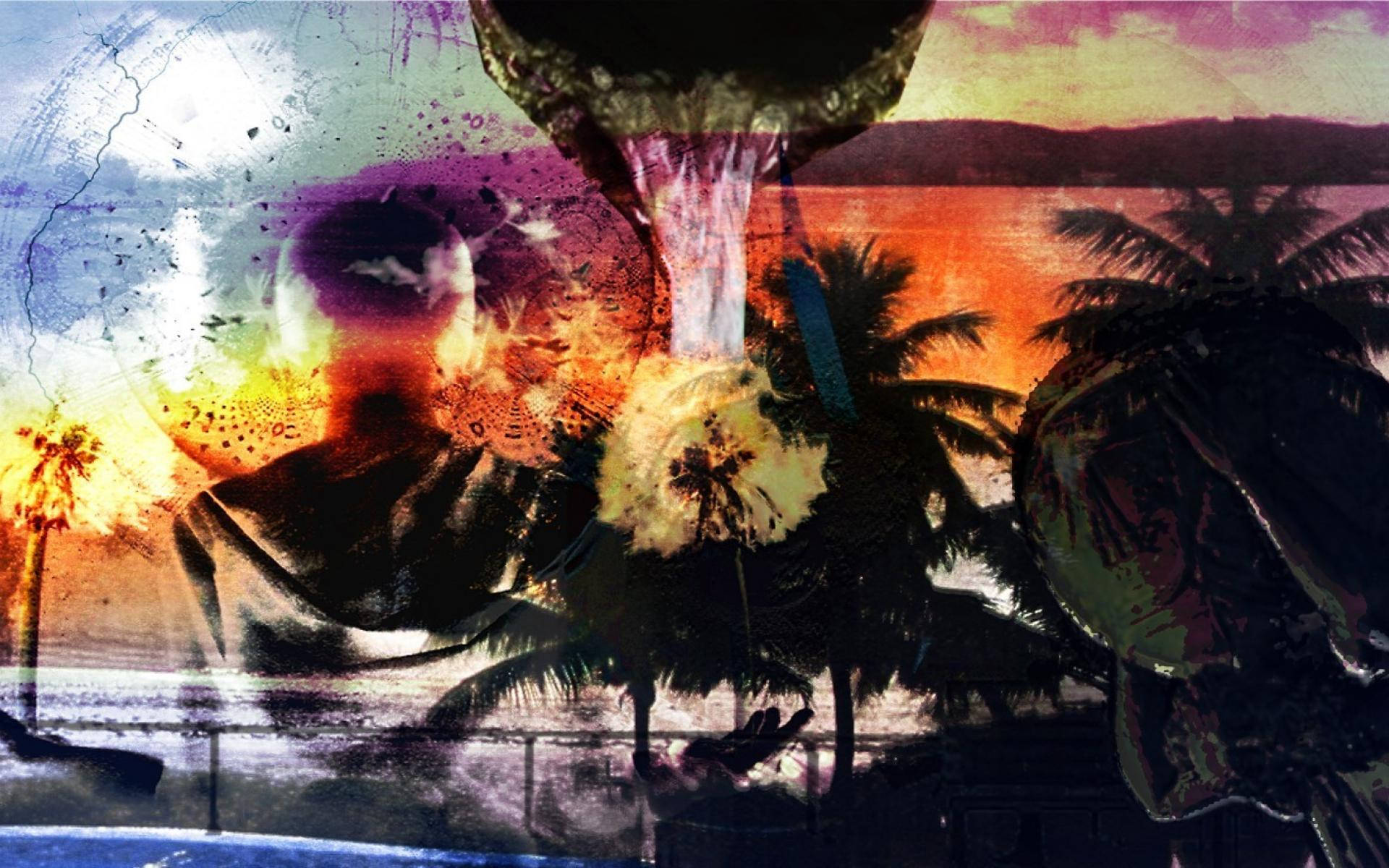 Guam 桌布 壁紙 — 超現實的熱帶日落，棕櫚樹在火熱的天空和抽象宇宙爆炸中形成剪影。