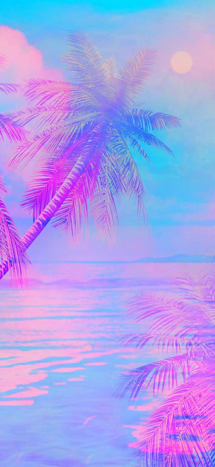 Pastel Beach 桌布 壁紙 — 超現實的熱帶海灘場景，棕櫚樹在粉彩天空和柔和陽光下閃爍著霓虹粉紅和藍色光芒。