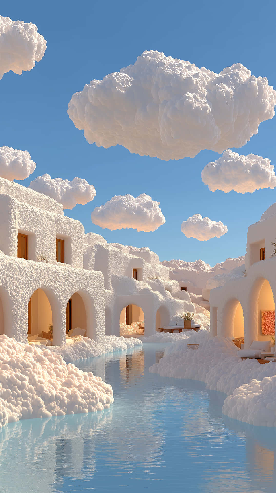 Sky Arches 壁紙 — 超現實的白色建築景觀，蓬鬆的雲層漂浮在拱形建築和寧靜的藍色水道之上。