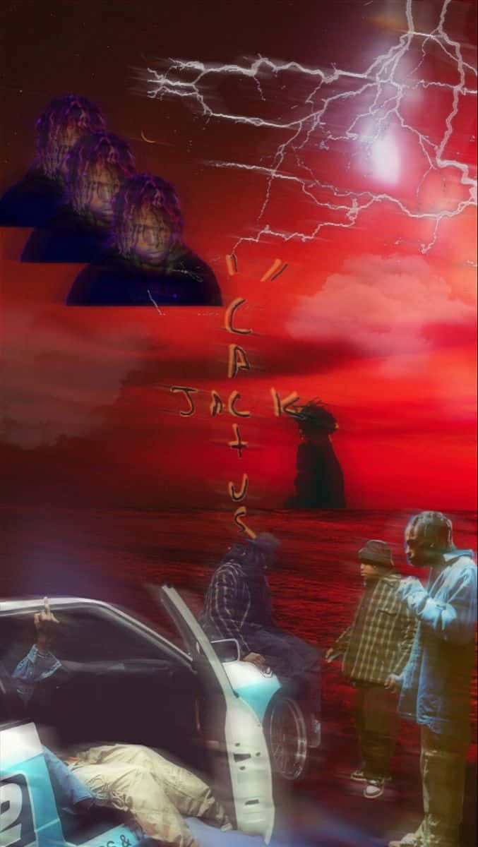 Don Toliver 桌布 壁紙 — 超現實的紅色風暴場景，有閃電、幽靈般的面孔，以及人們靠近一輛垂直寫有「Cactus」的汽車。