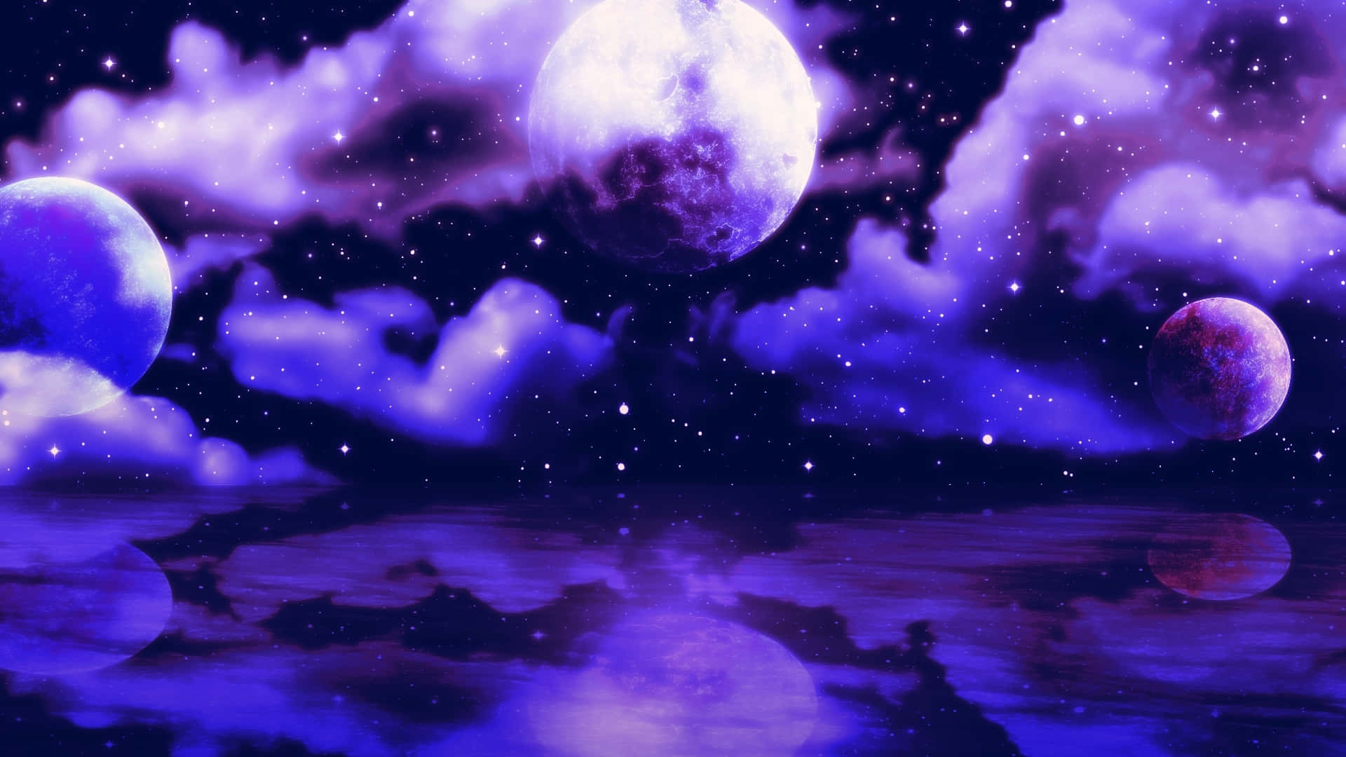 Midnight 桌布 壁紙 — 超現實的紫色夜空，發光的月亮和星星倒映在平靜的水面上。