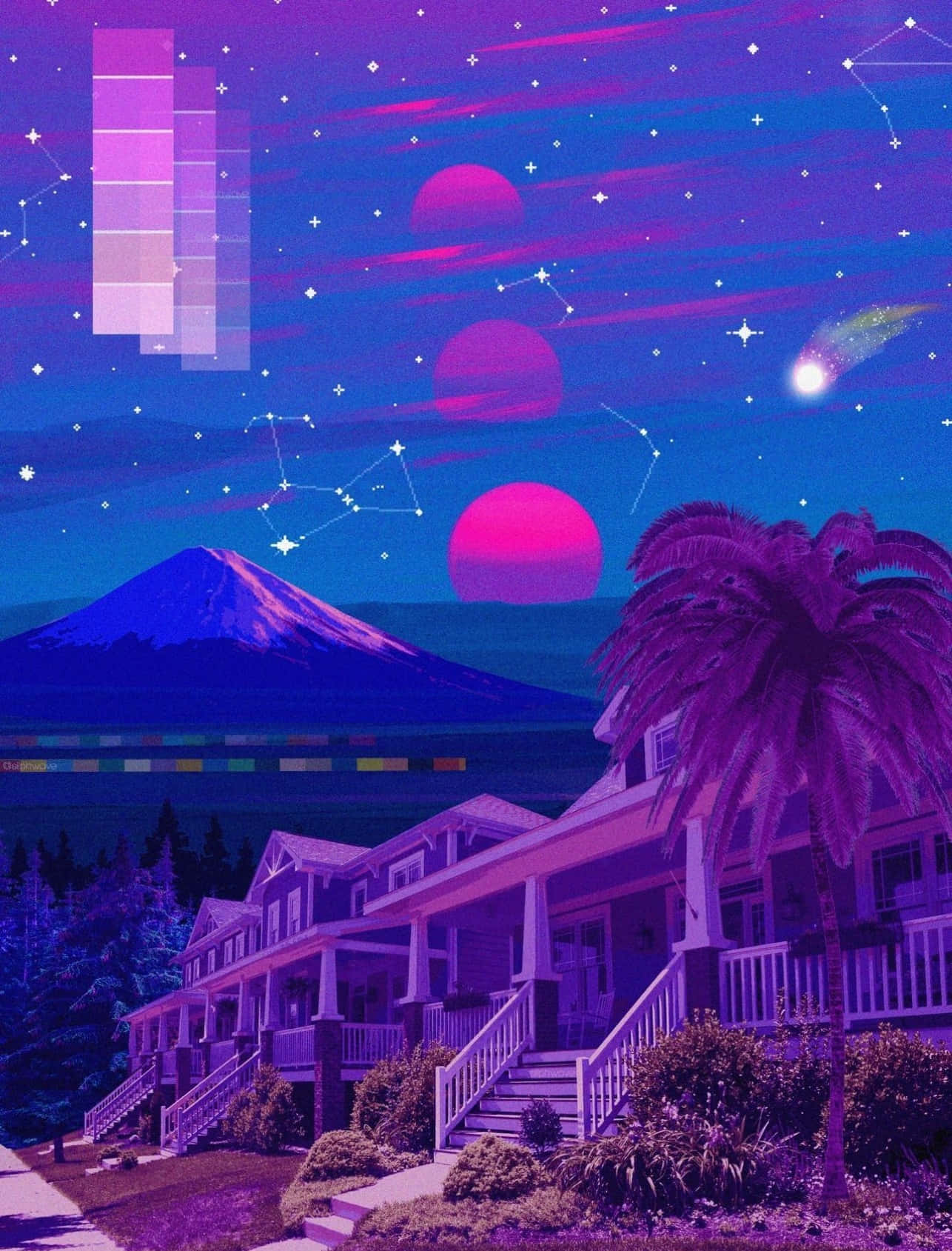 蒸氣波 桌布 壁紙 — 超現實的紫色暮色場景，包含山間小屋、棕櫚樹以及星座和彗星等宇宙元素。