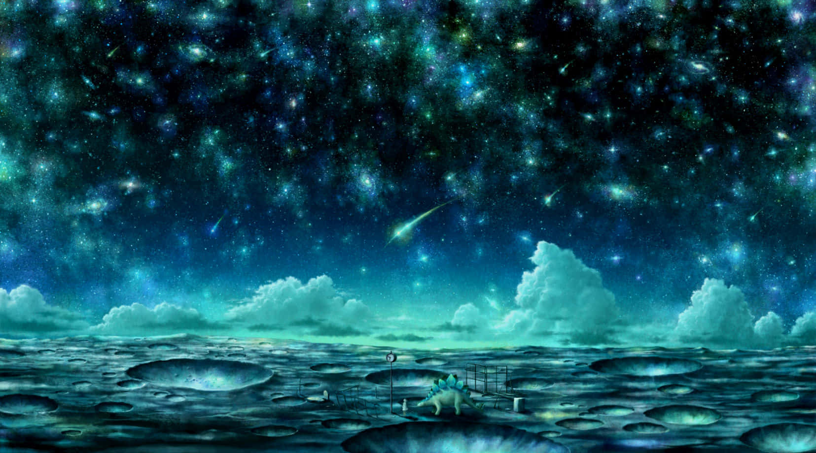 雲朵 桌布 壁紙 — 超現實的藍綠色和藍色宇宙景觀，星空、流星和雲層籠罩著佈滿隕石坑的外星地形，上面有一座小型建築。